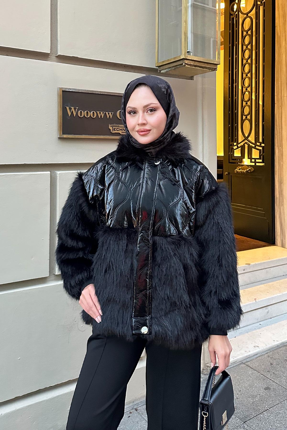 Kolları Peluş Detay Mont Siyah