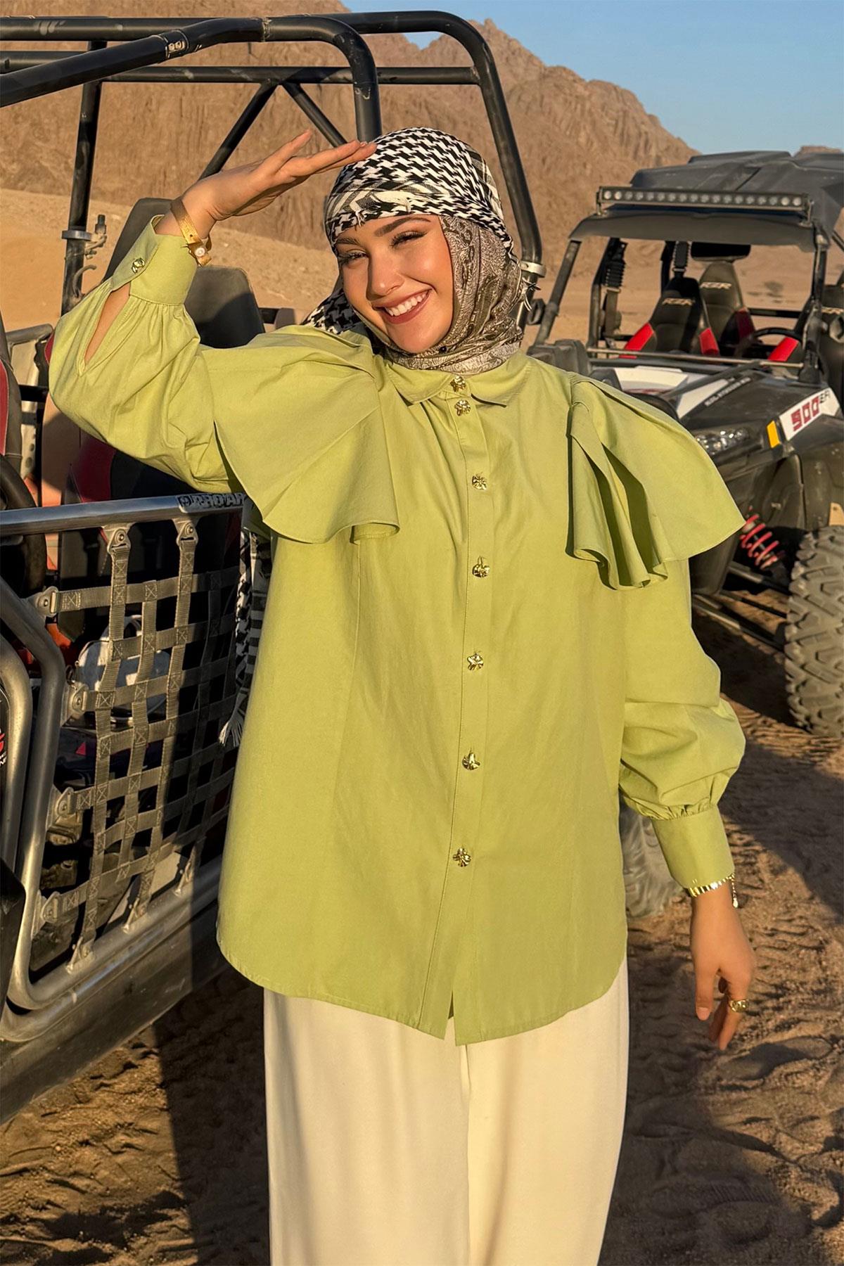 Kolları Valonlu Düğme Detaylı Gömlek Yeşil