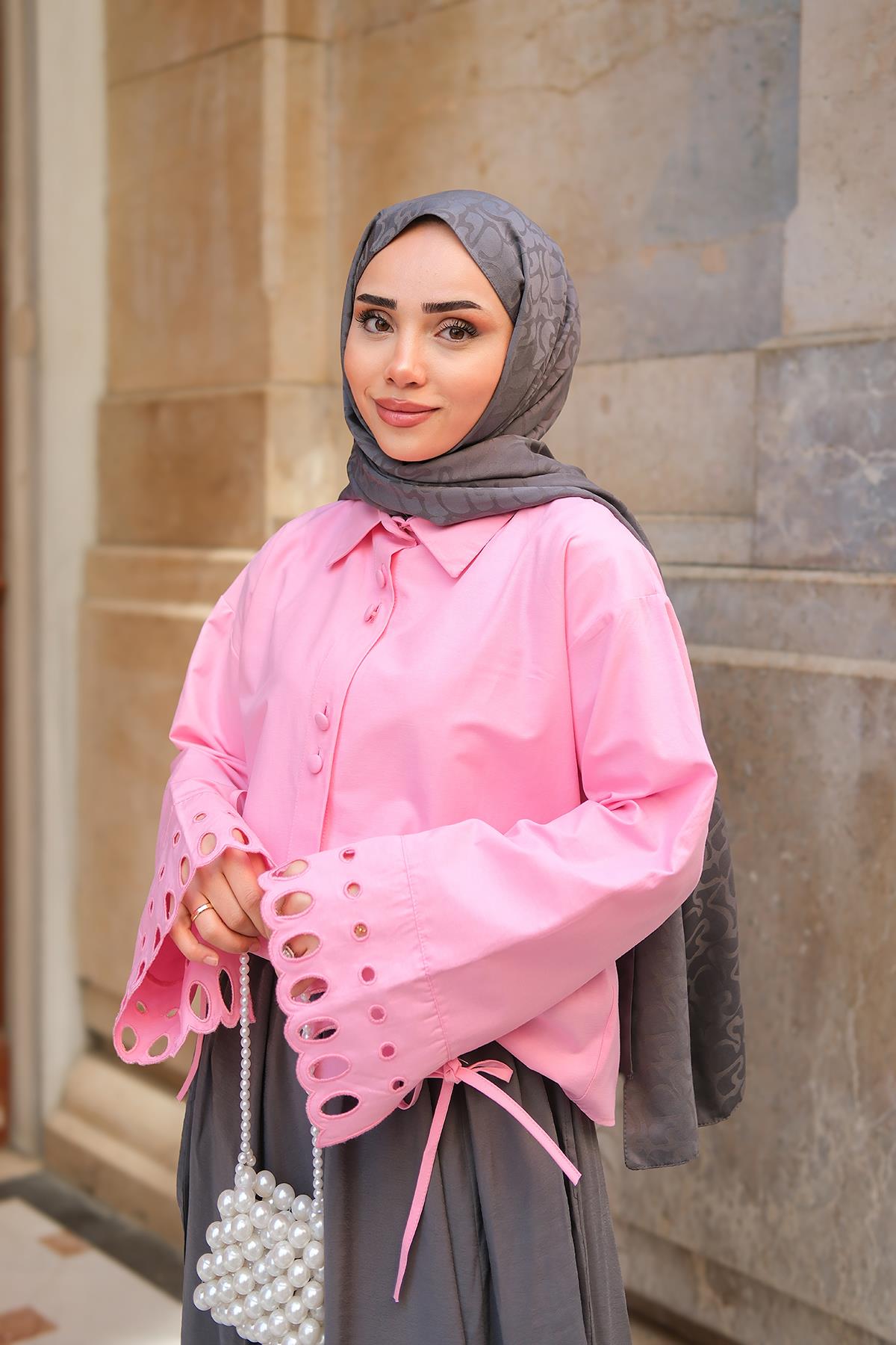 Kolu Nakışlı Gömlek Pembe