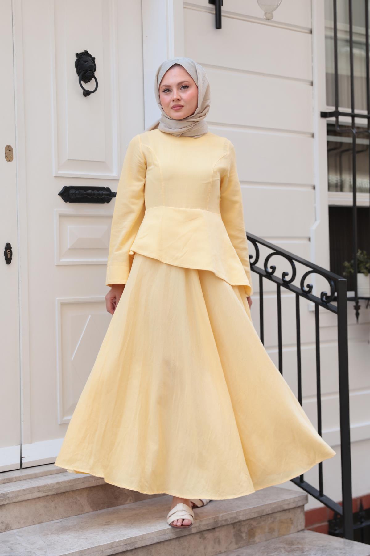 Kraş Etekli Keten Elbise Sarı