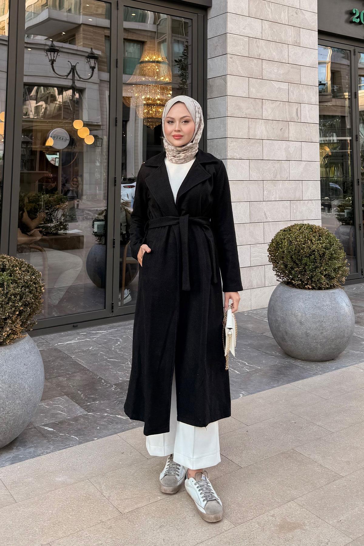 Kruvaze Kaşe Trenç Siyah