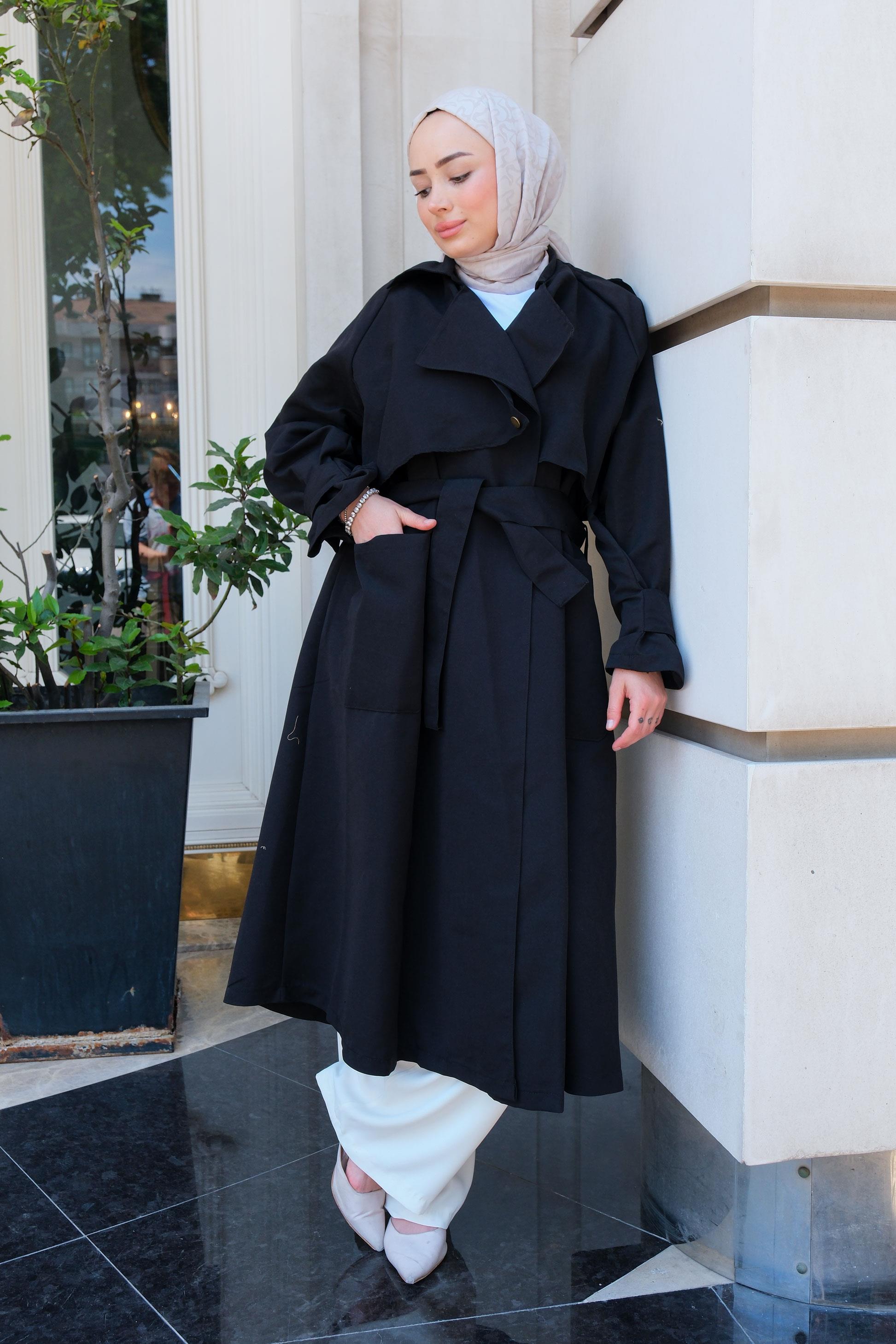 Kruvaze Yaka İspanyol Kol Trençkot Siyah