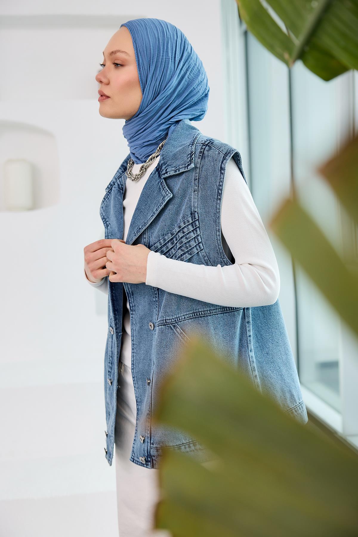 Kruvaze Yaka Jean Yelek Mavi