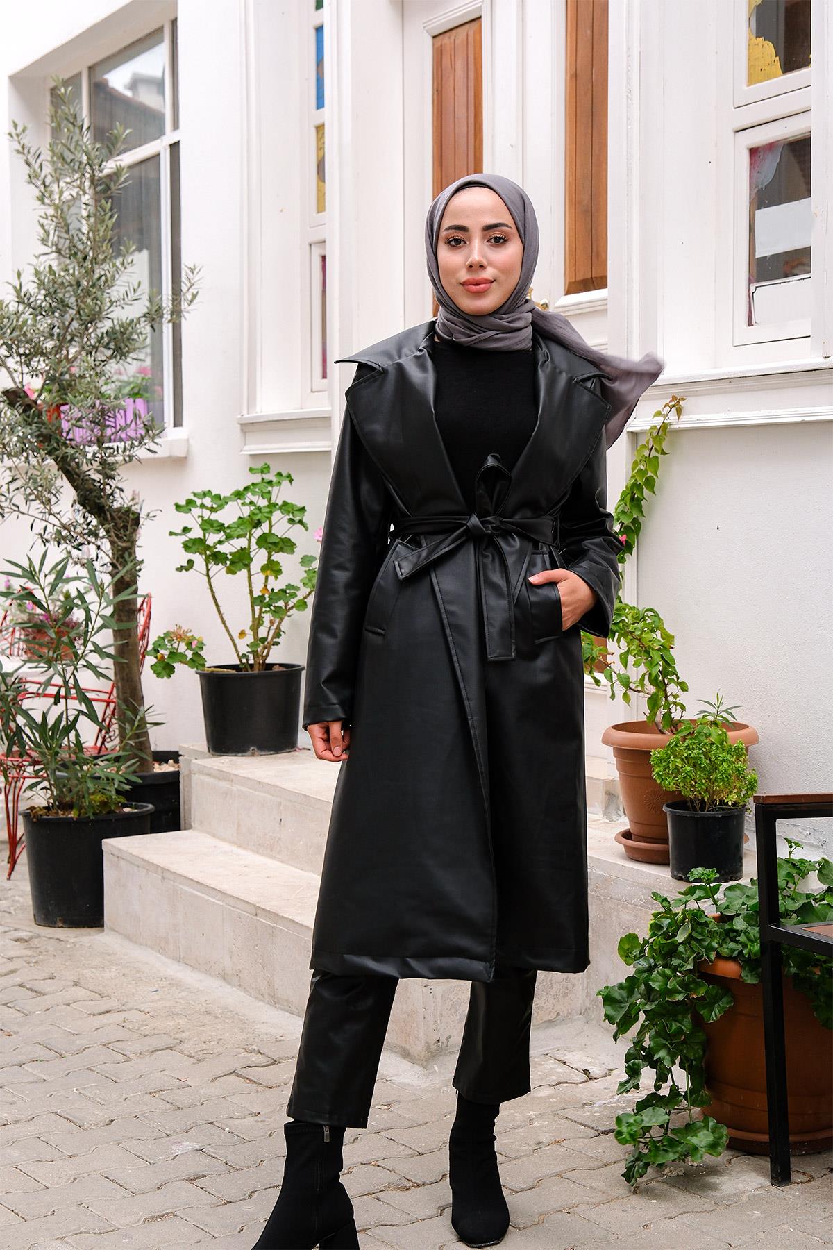 Kruvaze Yaka Kemerli Tam Boy Deri Ceket  Siyah