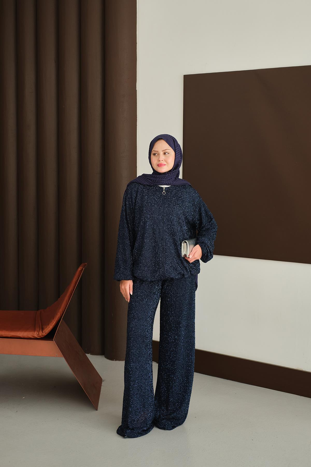 Küçük Boncuk Detaylı İkili Takım Lacivert