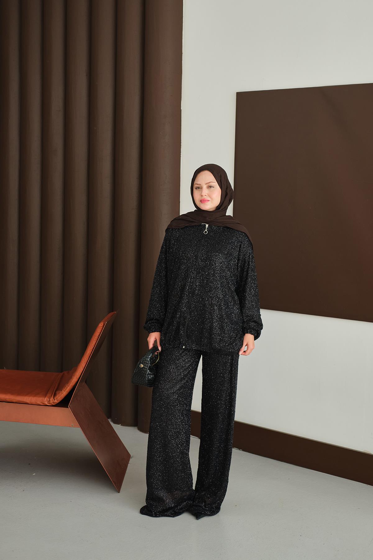 Küçük Boncuk Detaylı İkili Takım Siyah