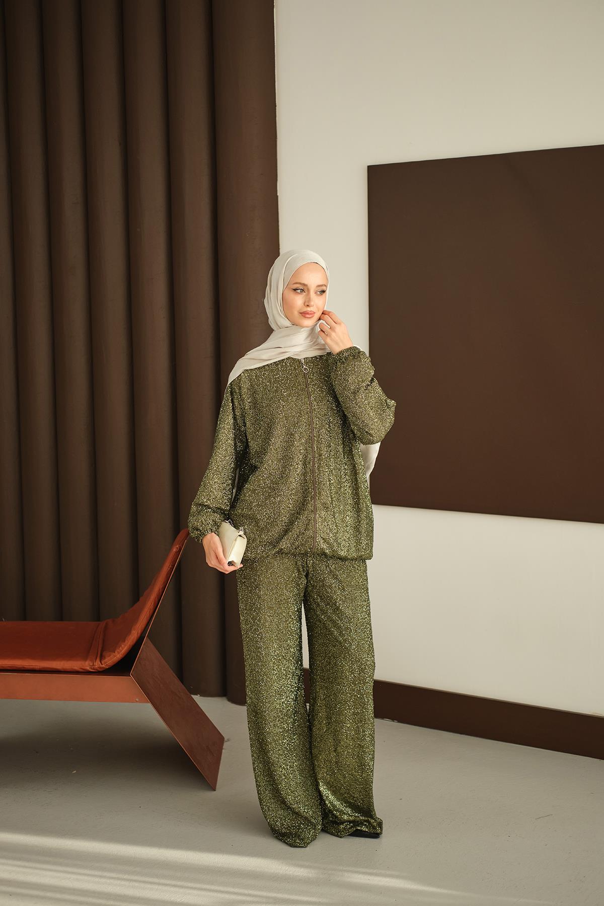 Küçük Boncuk Detaylı İkili Takım Yeşil