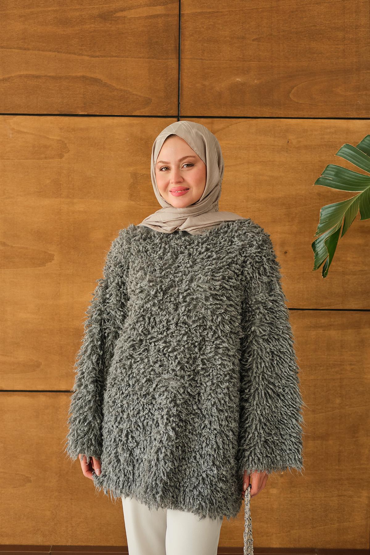 Kürk Detay Kazak Gri