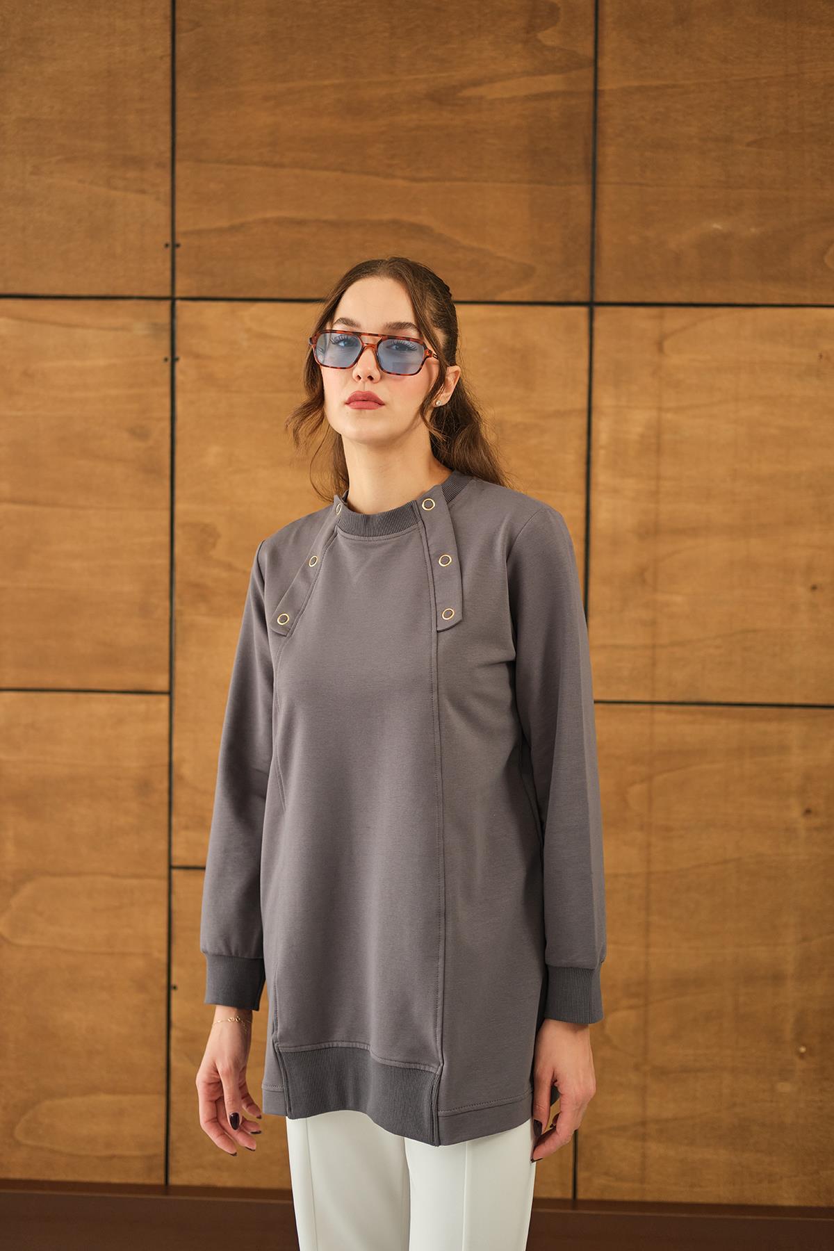 Kuş Gözü Detaylı Tunik Füme