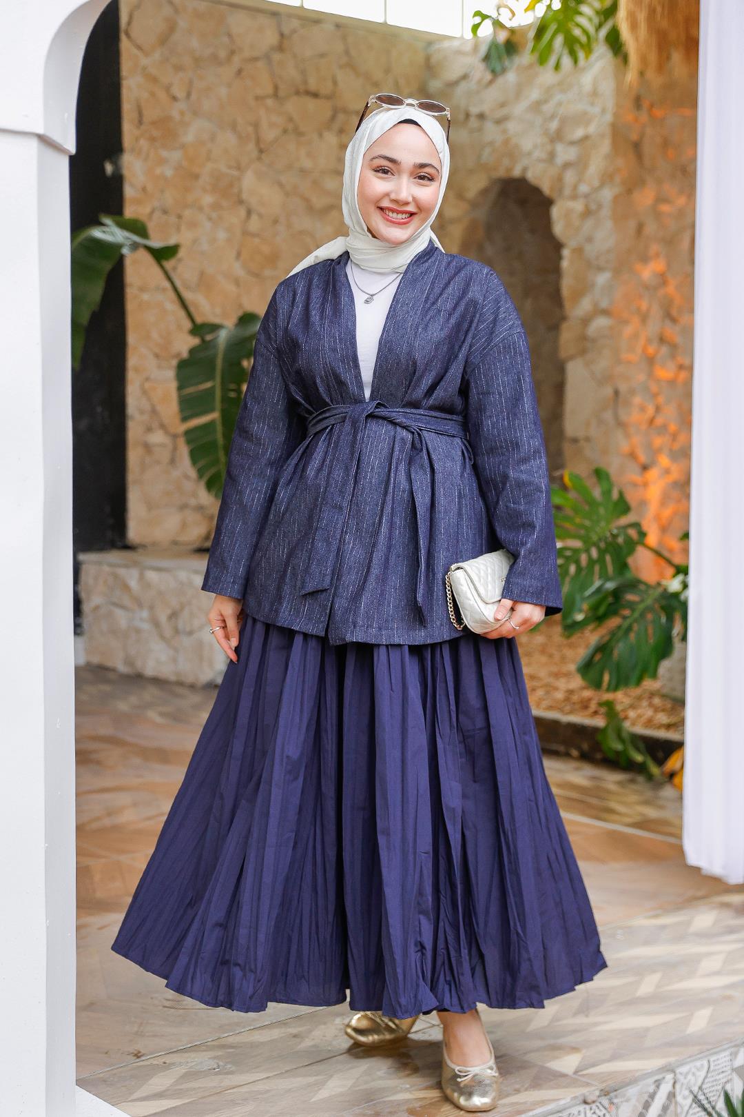 Kuşaklı Kimono Kot Ceket Mavi