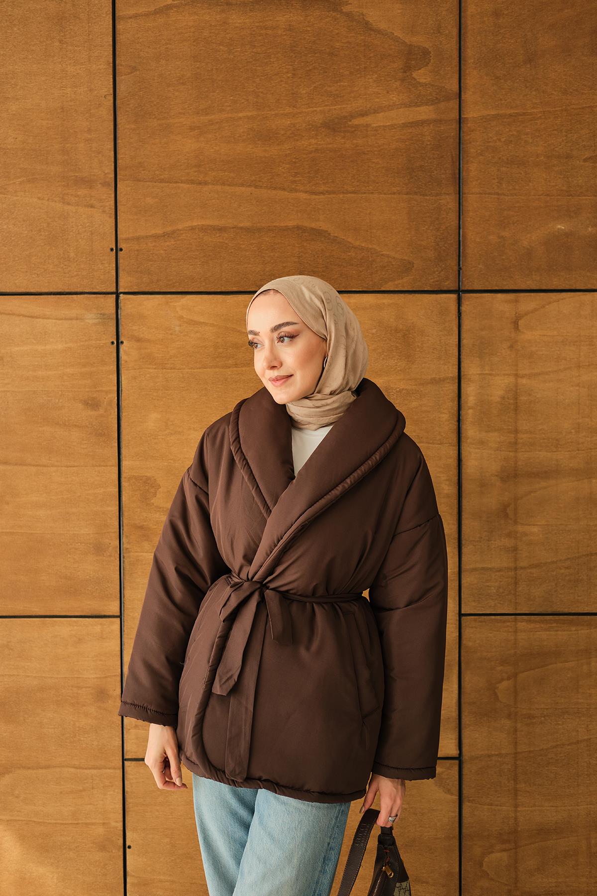 Kuşaklı Şişme Mont Kahverengi