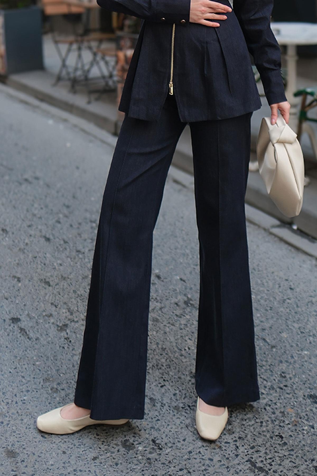 Lastikli Geniş Paça Jean Pantolon Koyu Mavi