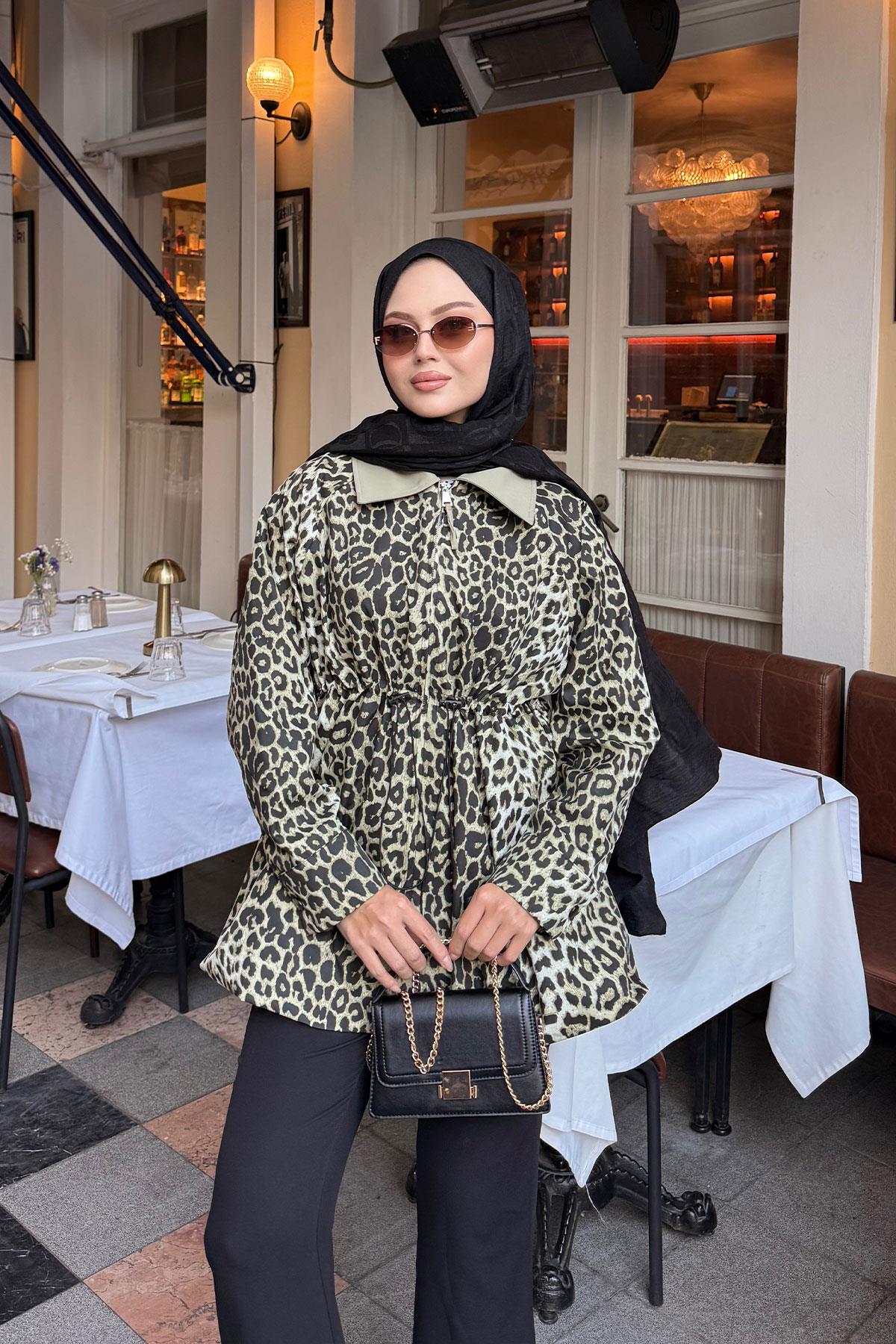 Leopar Desenli Fermualı Trenç Yeşil