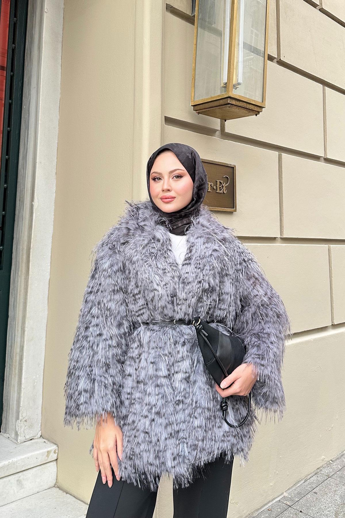 Leopar Kemer Detay Kürk Gri