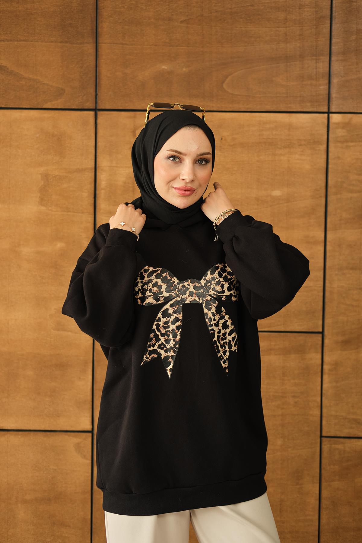 Leopar Kurdele Detaylı Sweat Siyah