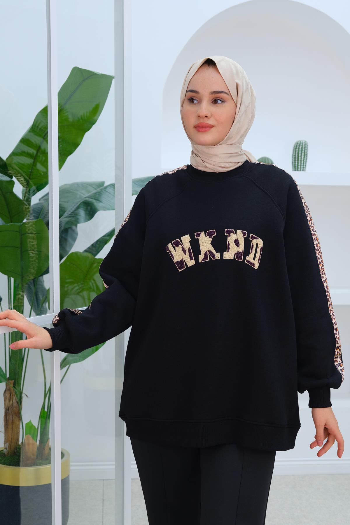 Leopar Şerit Detaylı Sweat Siyah