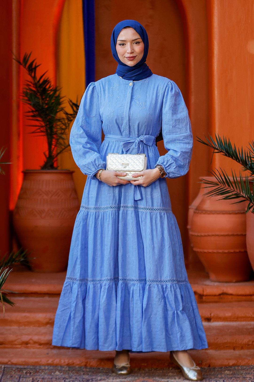 Nakış Detaylı Jakar Elbise Mavi