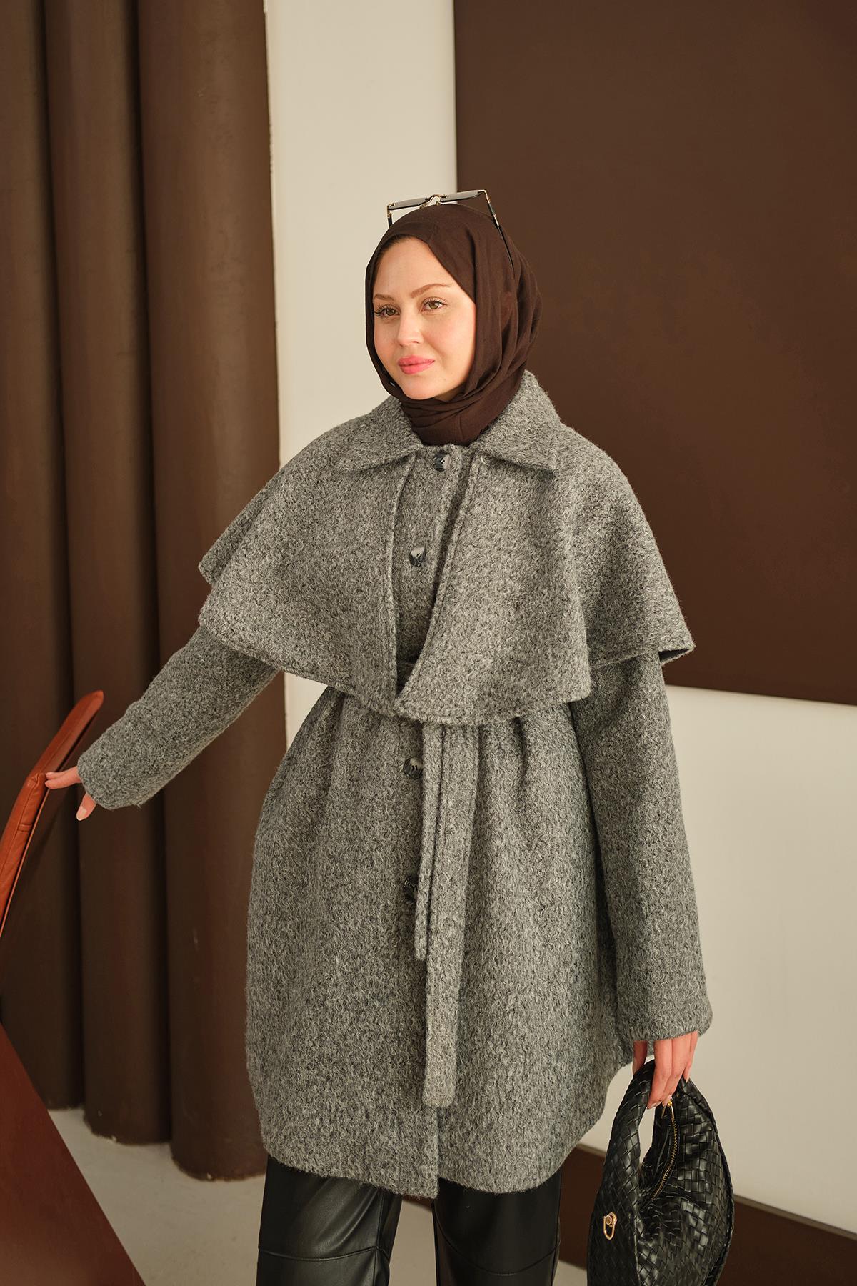 Omuz Pelerinli Peluş Kaşe Kaban Gri