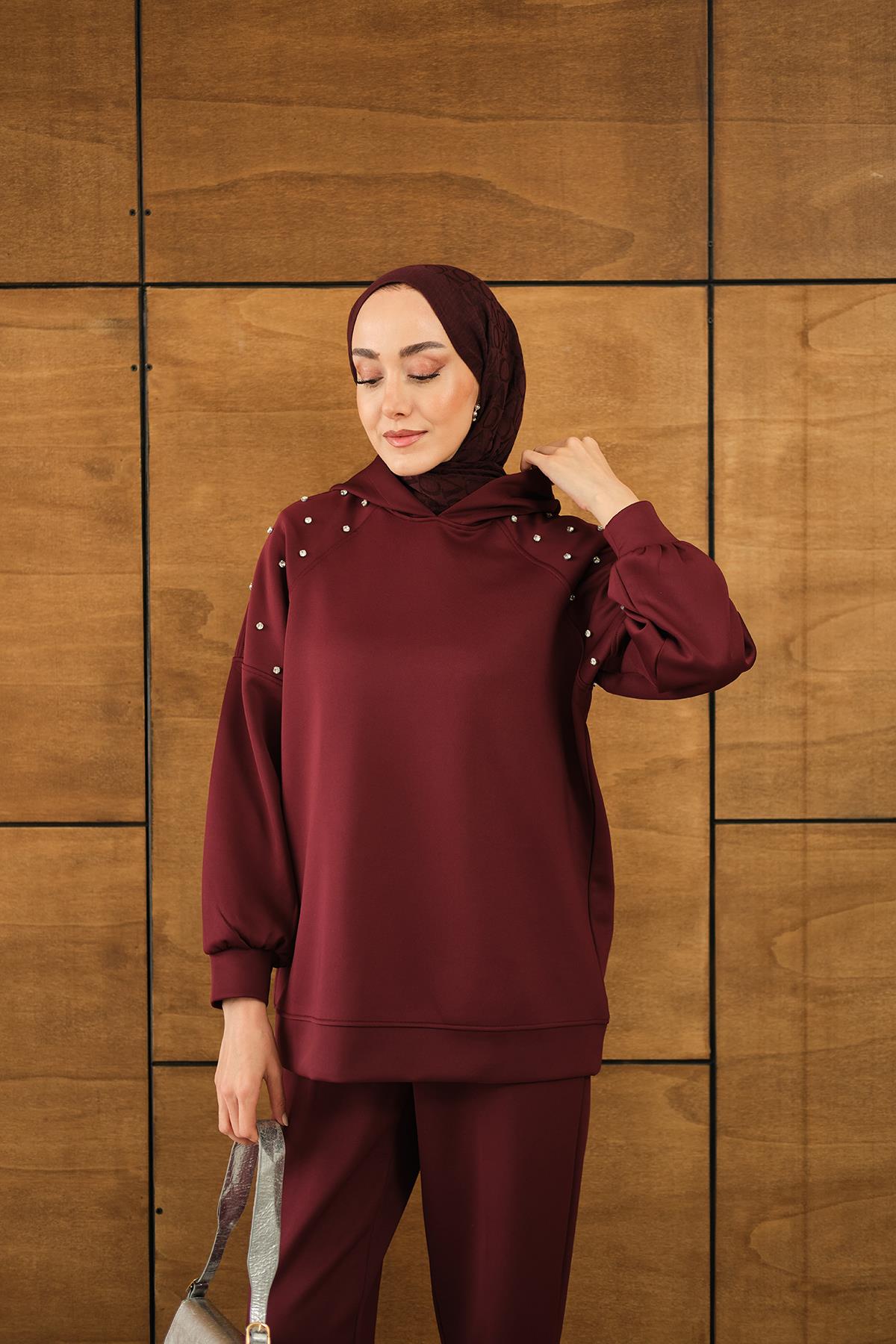 Omuz Taş Detay Kapüşonlu Takım Bordo