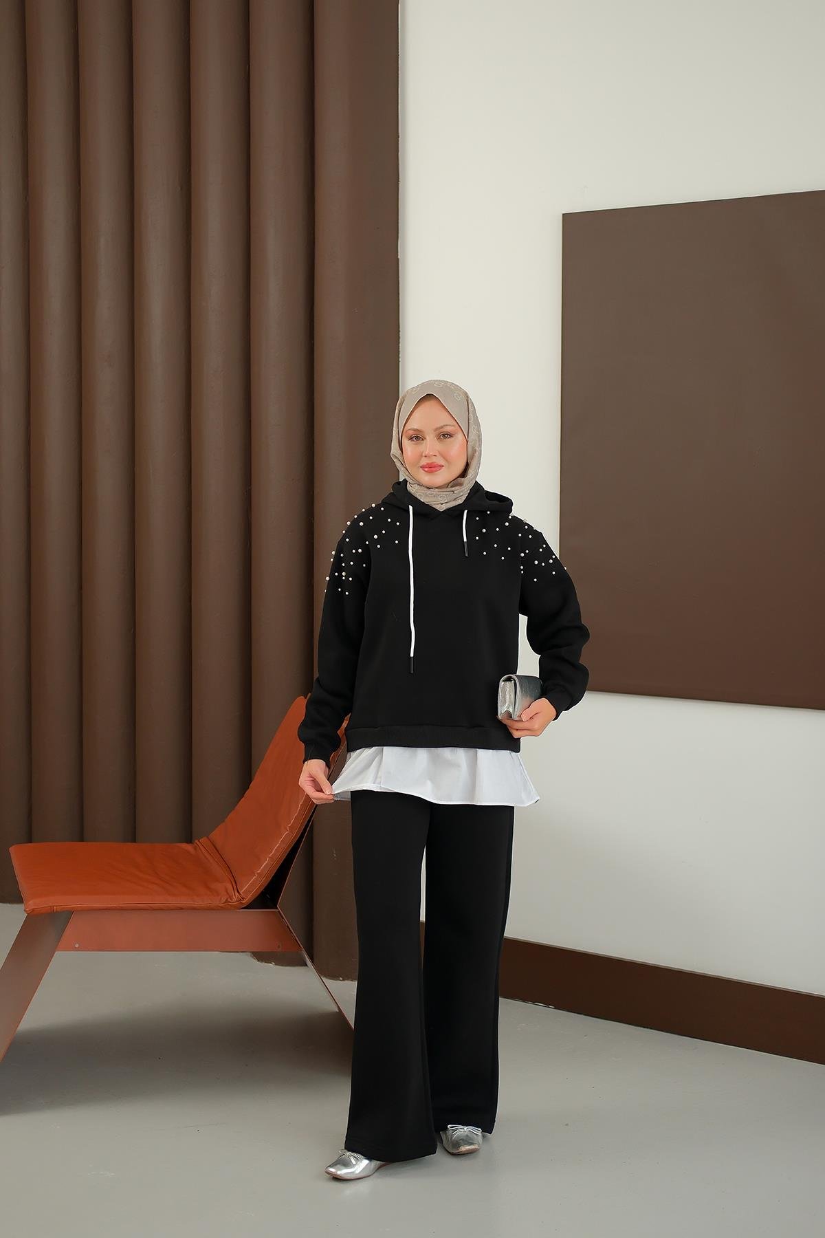 Omuzları Boncuk Detay İkili Takım Siyah