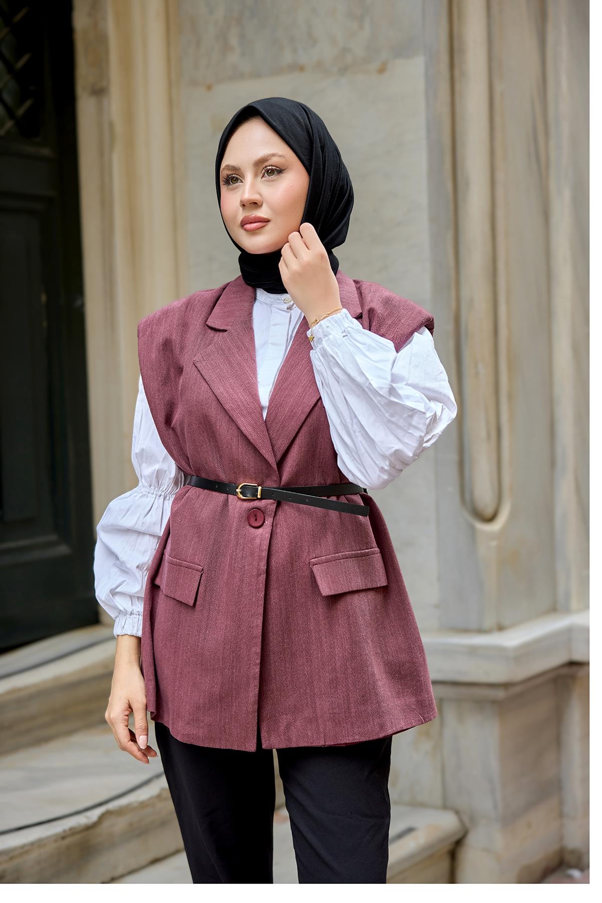 Omuzları Vatka Detaylı Keten Yelek Mürdüm