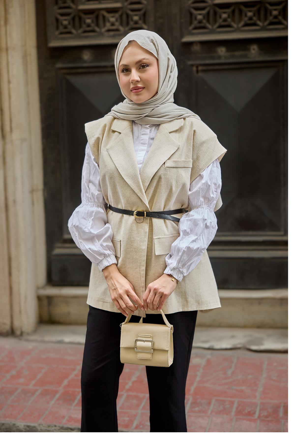 Omuzları Vatka Detaylı Keten Yelek Taş