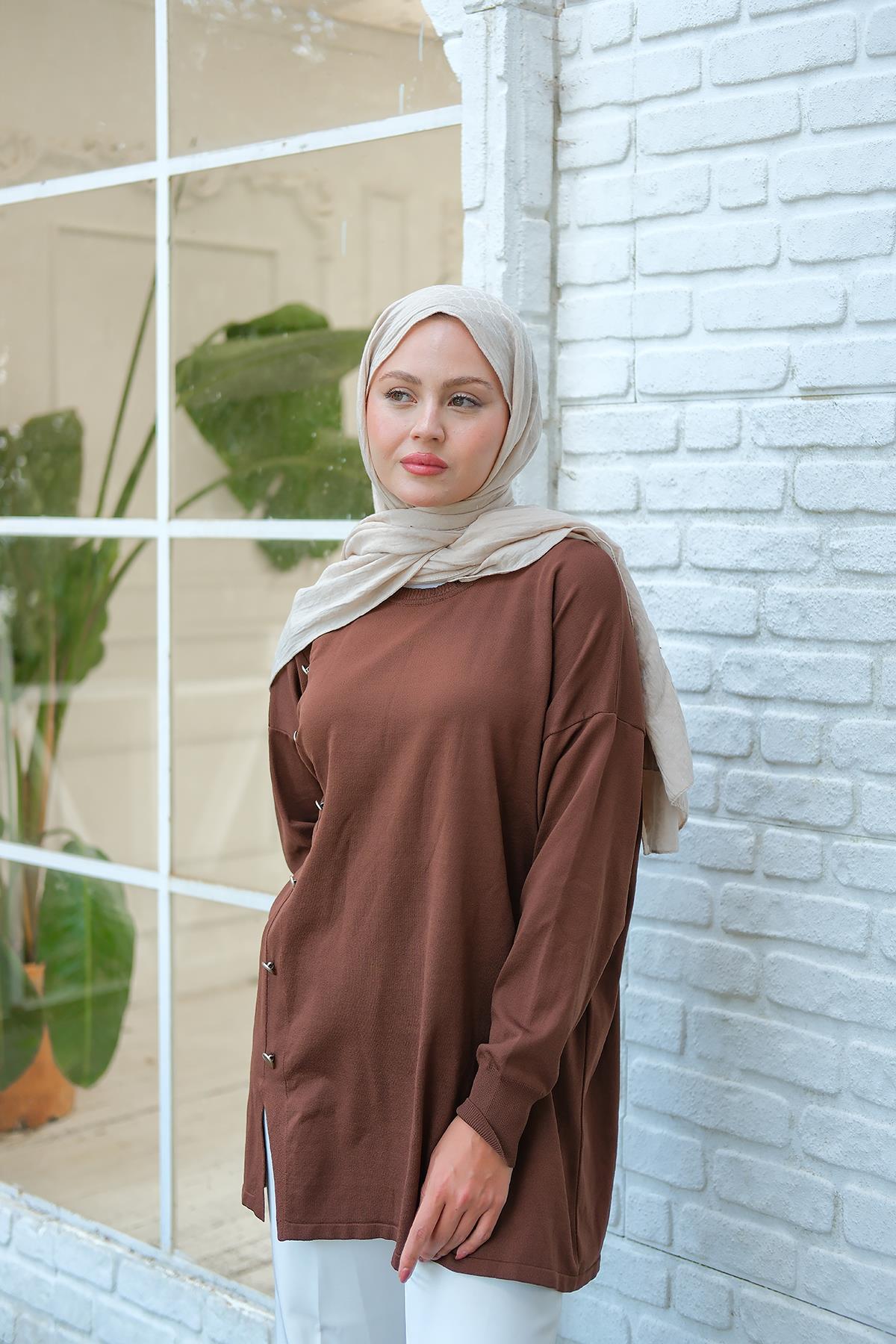 Ön Düğme Detay Tunik Kahverengi