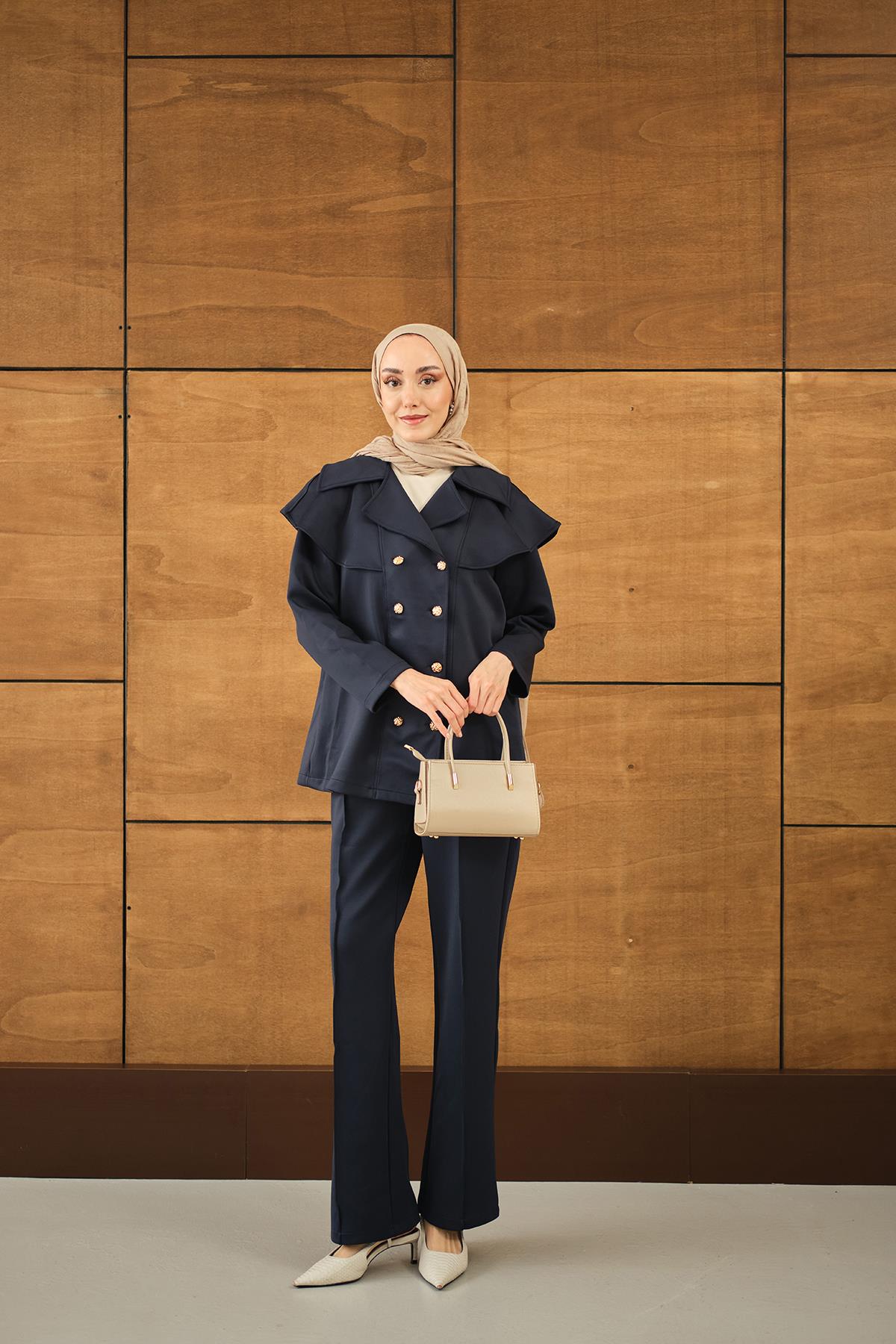 Ön Düğme Ve Biye Detaylı İkili Takım Lacivert