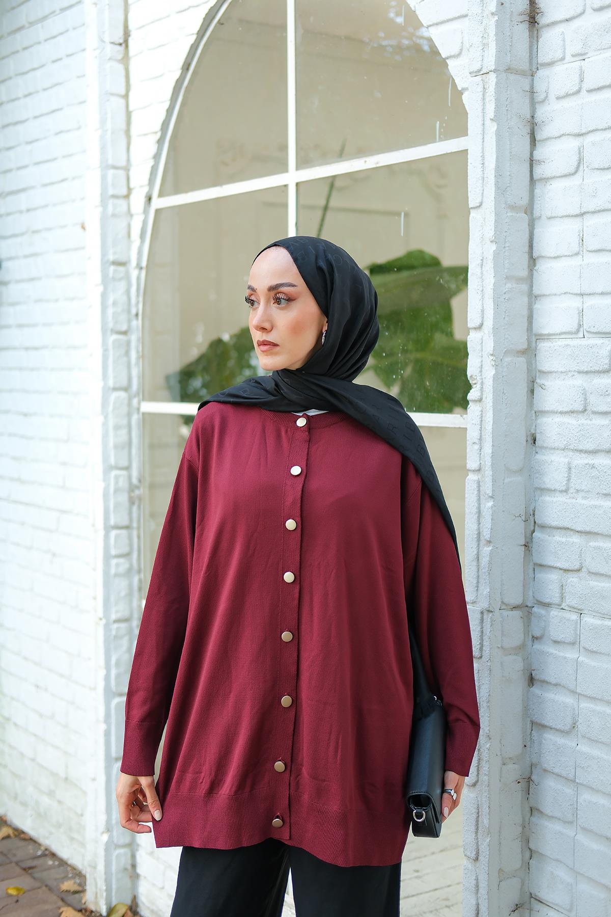 Ön Düğmeli Hırka Bordo