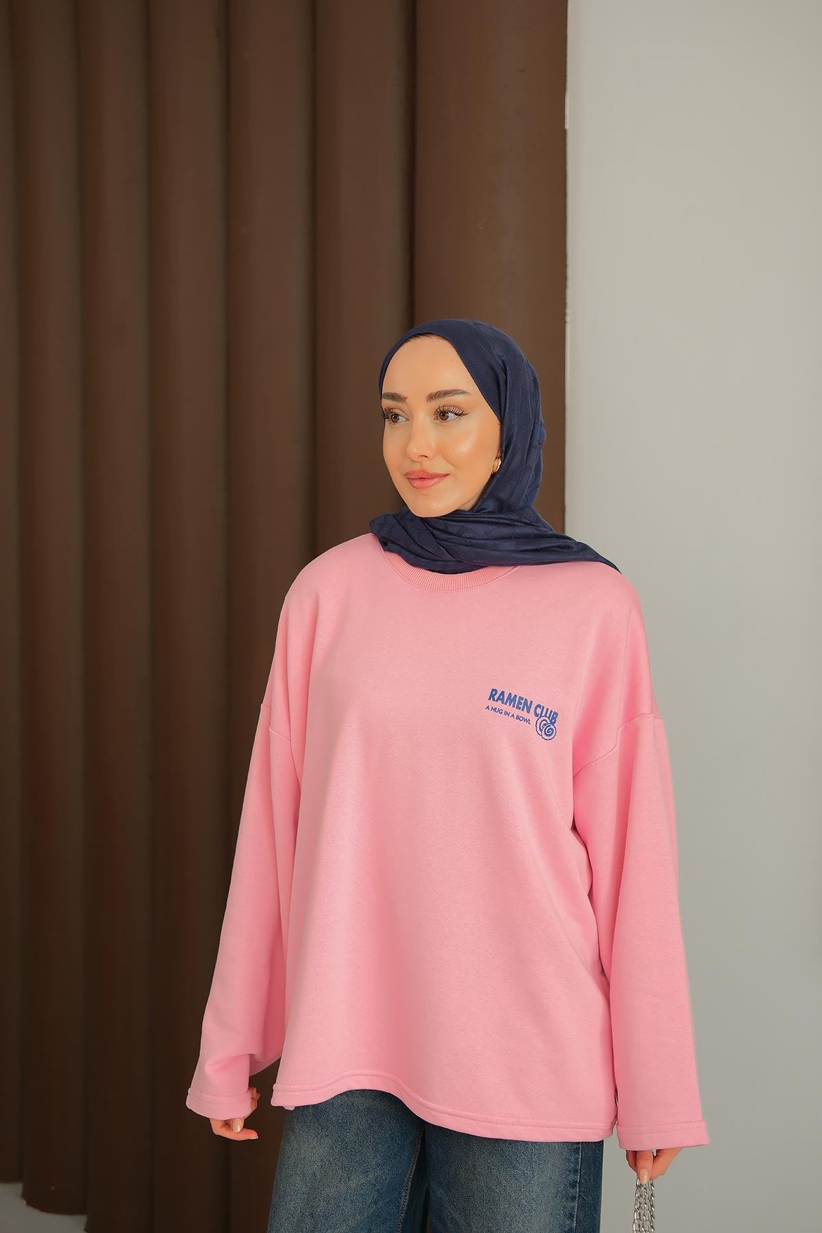 Ön Ve Arka Yazı Baskılı Sweat Pembe