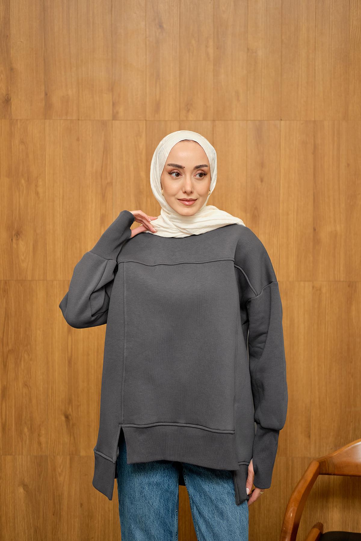 Ön Yırtmaç Ve Parmak Detaylı Sweat Füme