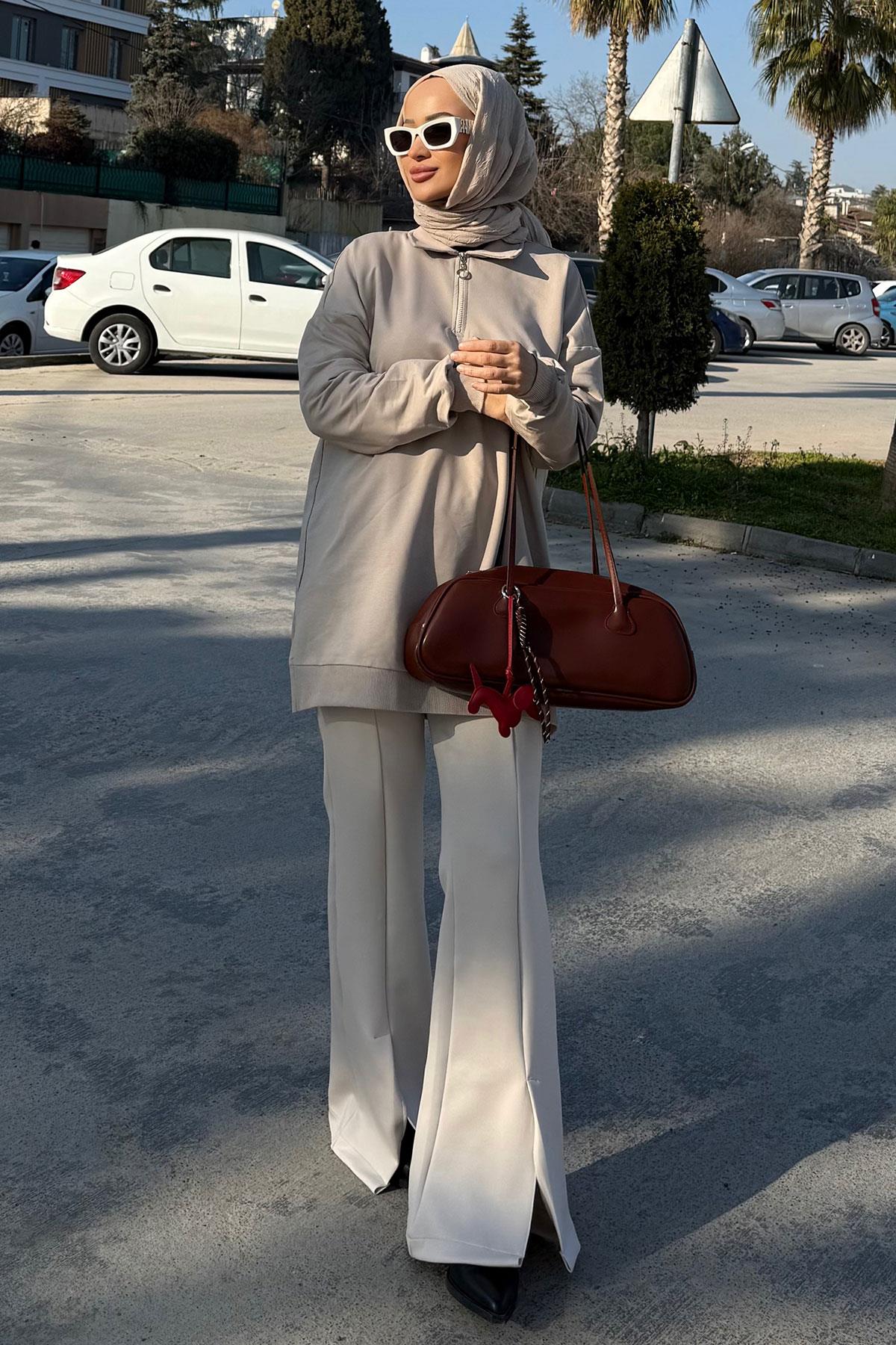 Ön Yırtmaçlı Scuba Pantolon Krem