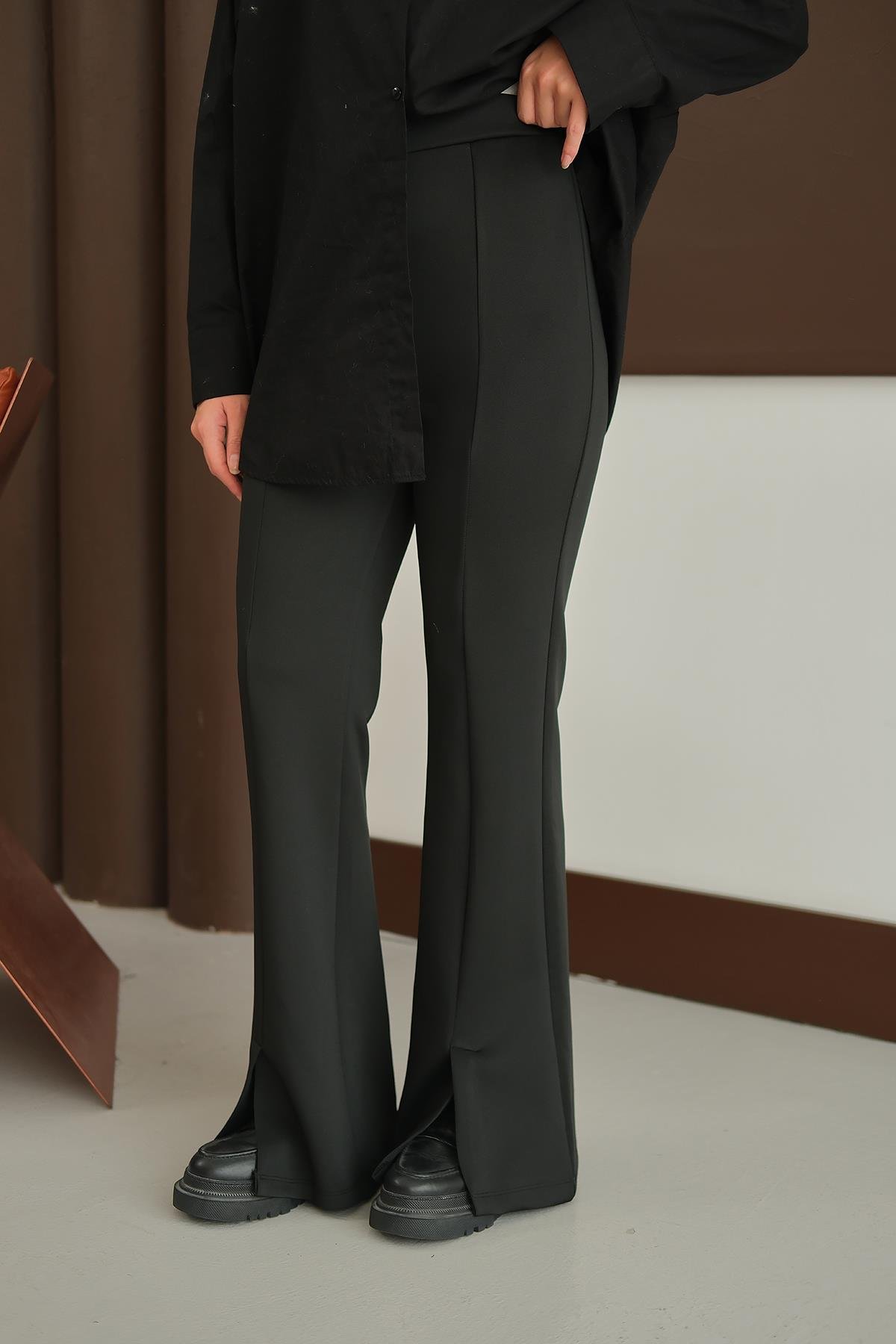 Ön Yırtmaçlı Scuba Pantolon Siyah