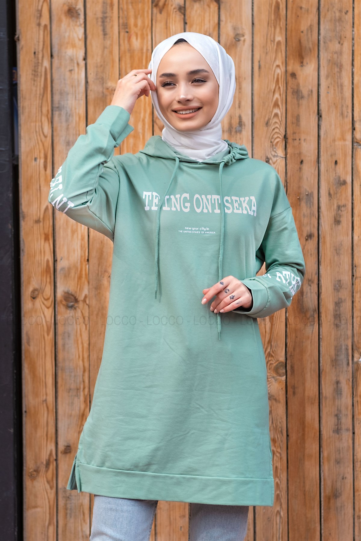 Uygun Fiyatlı ONU BASKILI KAPSONLU TUNIK MINT YESIL | Loccomoda.com 