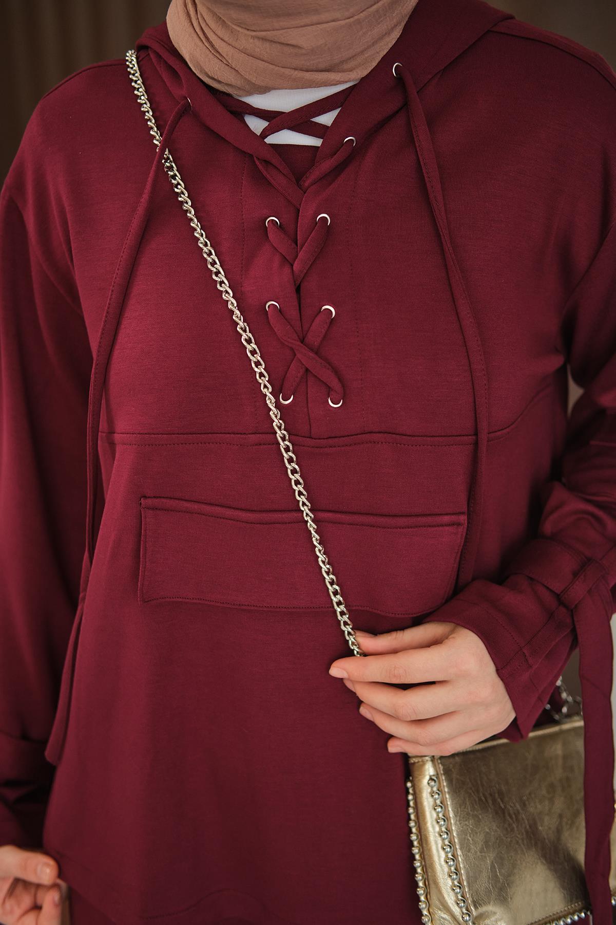 Önü Çapraz İp Detay Takım Bordo