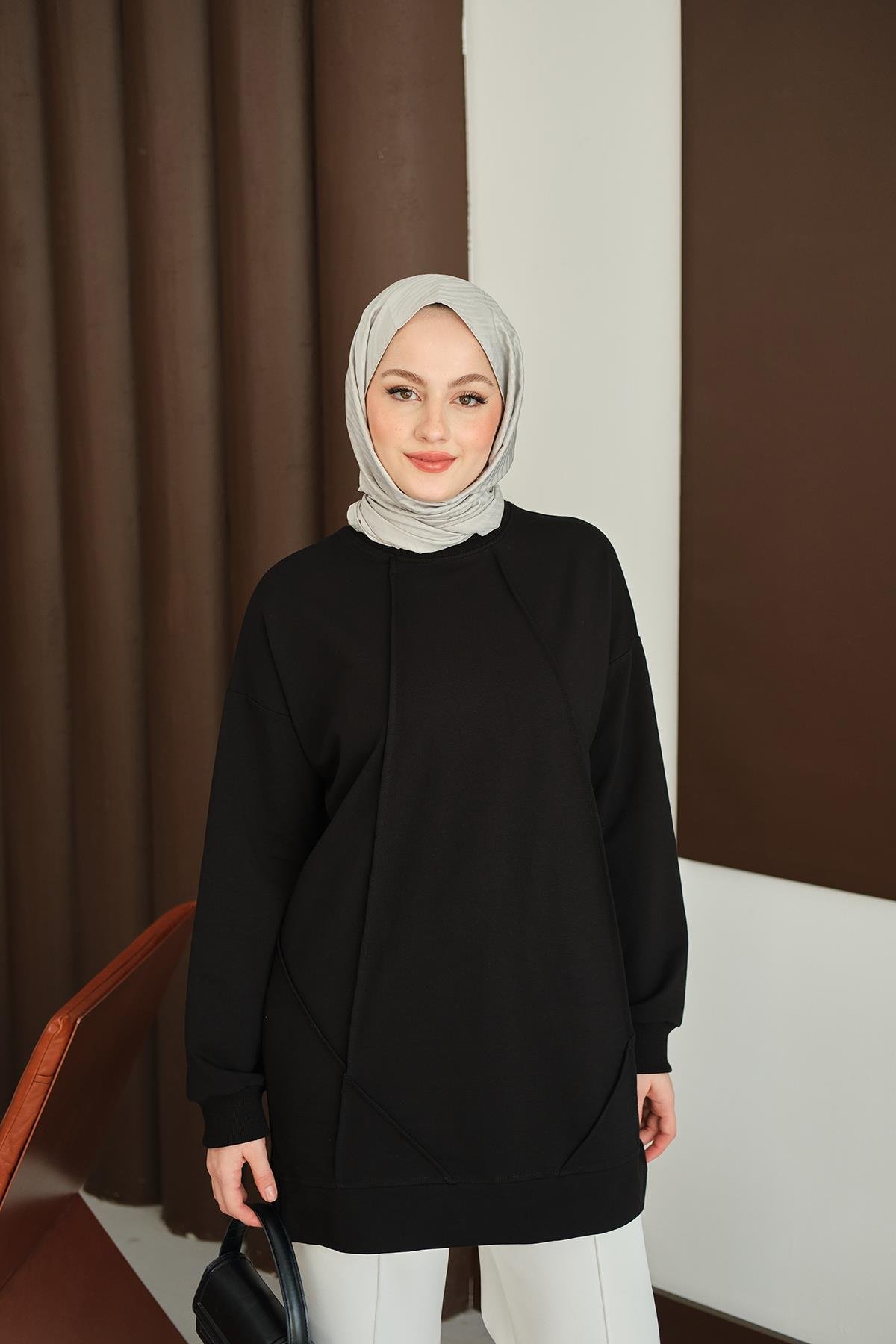 Önü Dikiş Detay Tunik Siyah