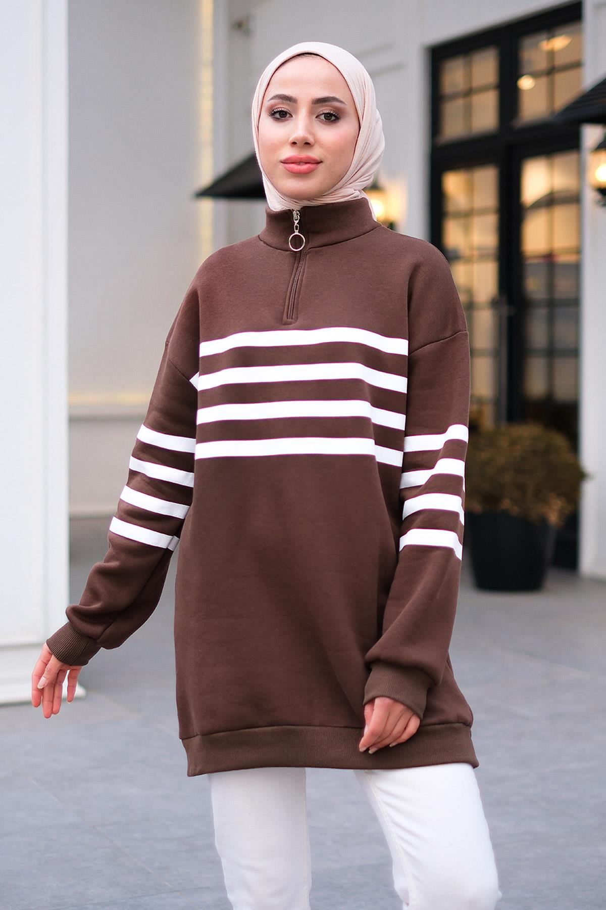 Önü Fermuarlı Çizgili Sweat Acı Kahve-Beyaz