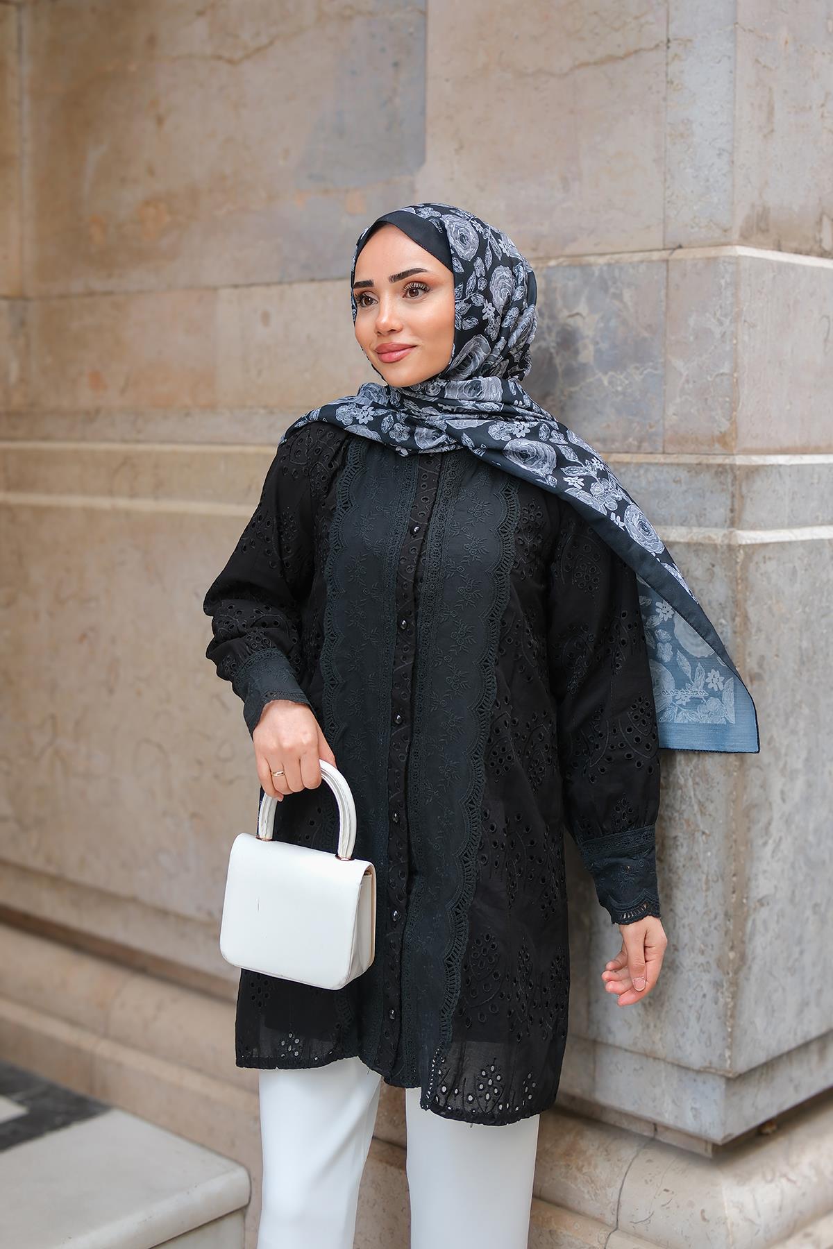 Önü Güpür Detaylı Oversize Gömlek Siyah