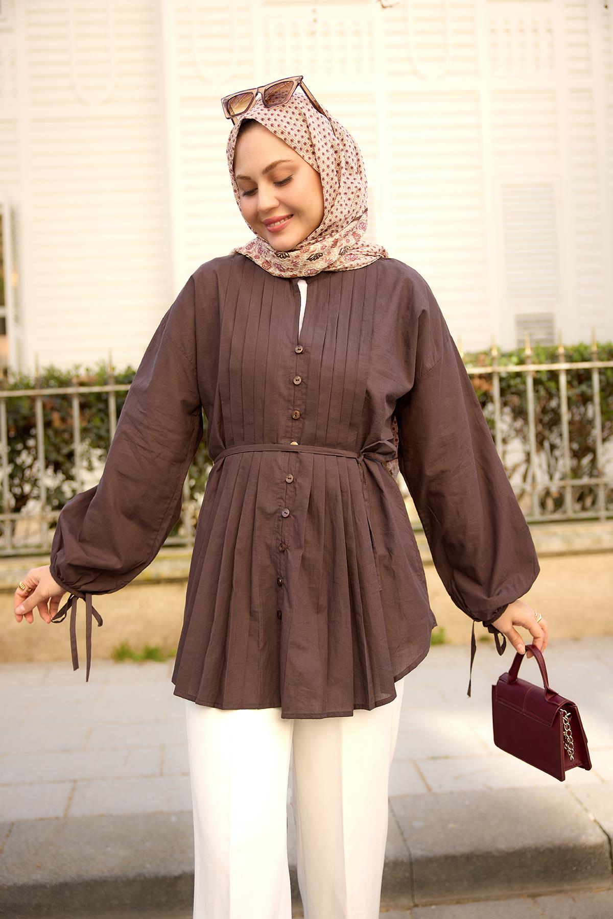 Önü Pile Detay Vual Gömlek Kahverengi