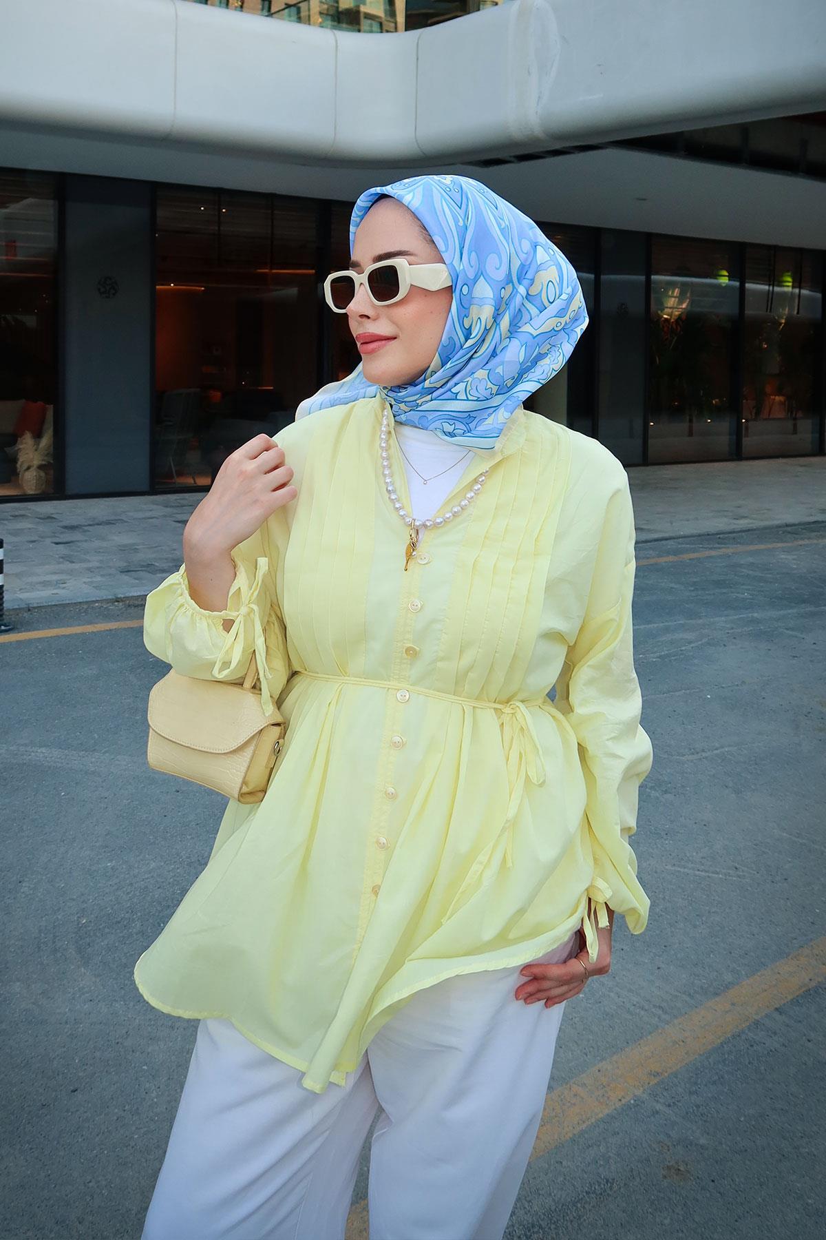 Önü Pile Detay Vual Gömlek  Sarı