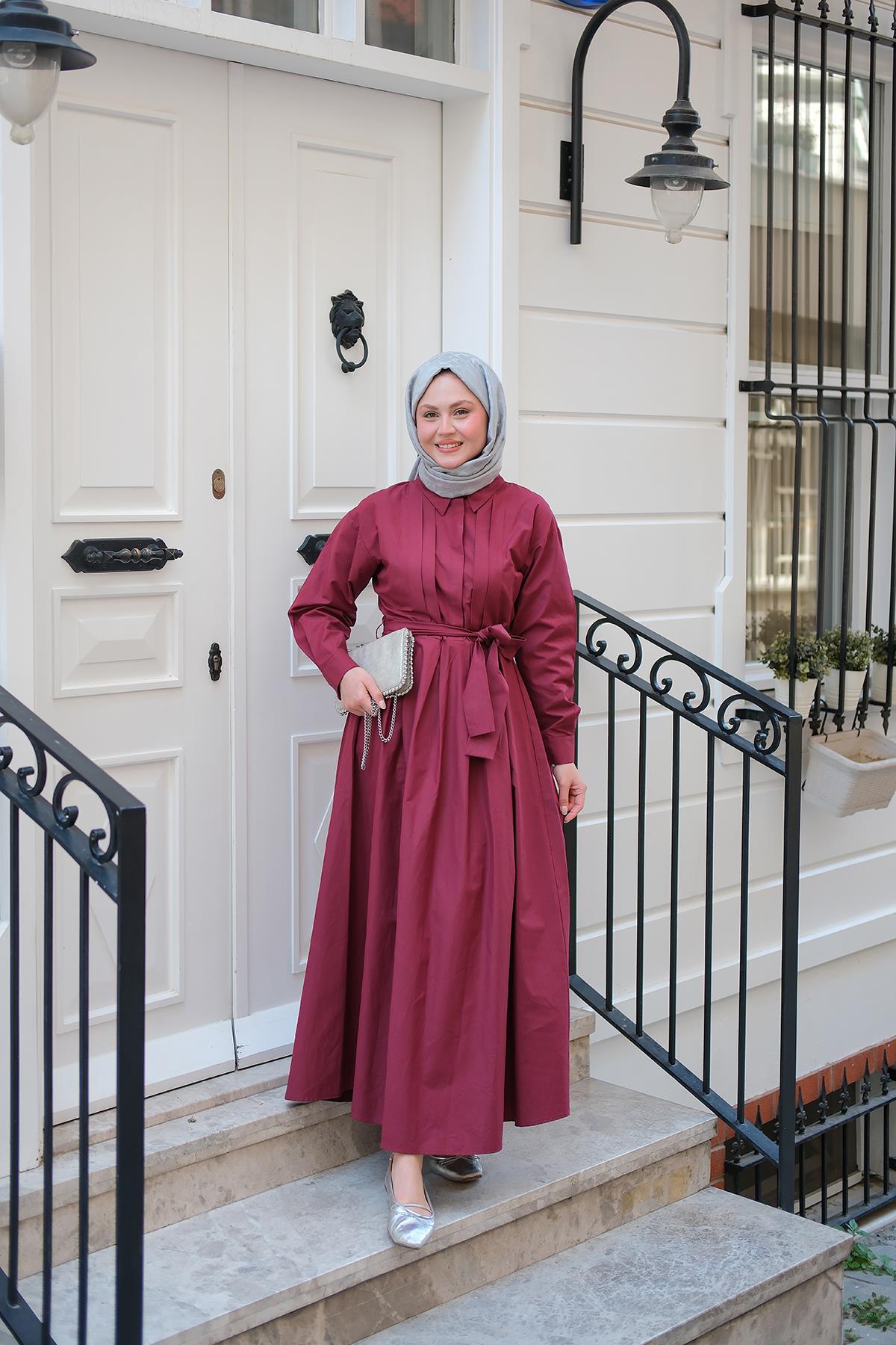 Önü Pileli Poplin Elbise  Bordo