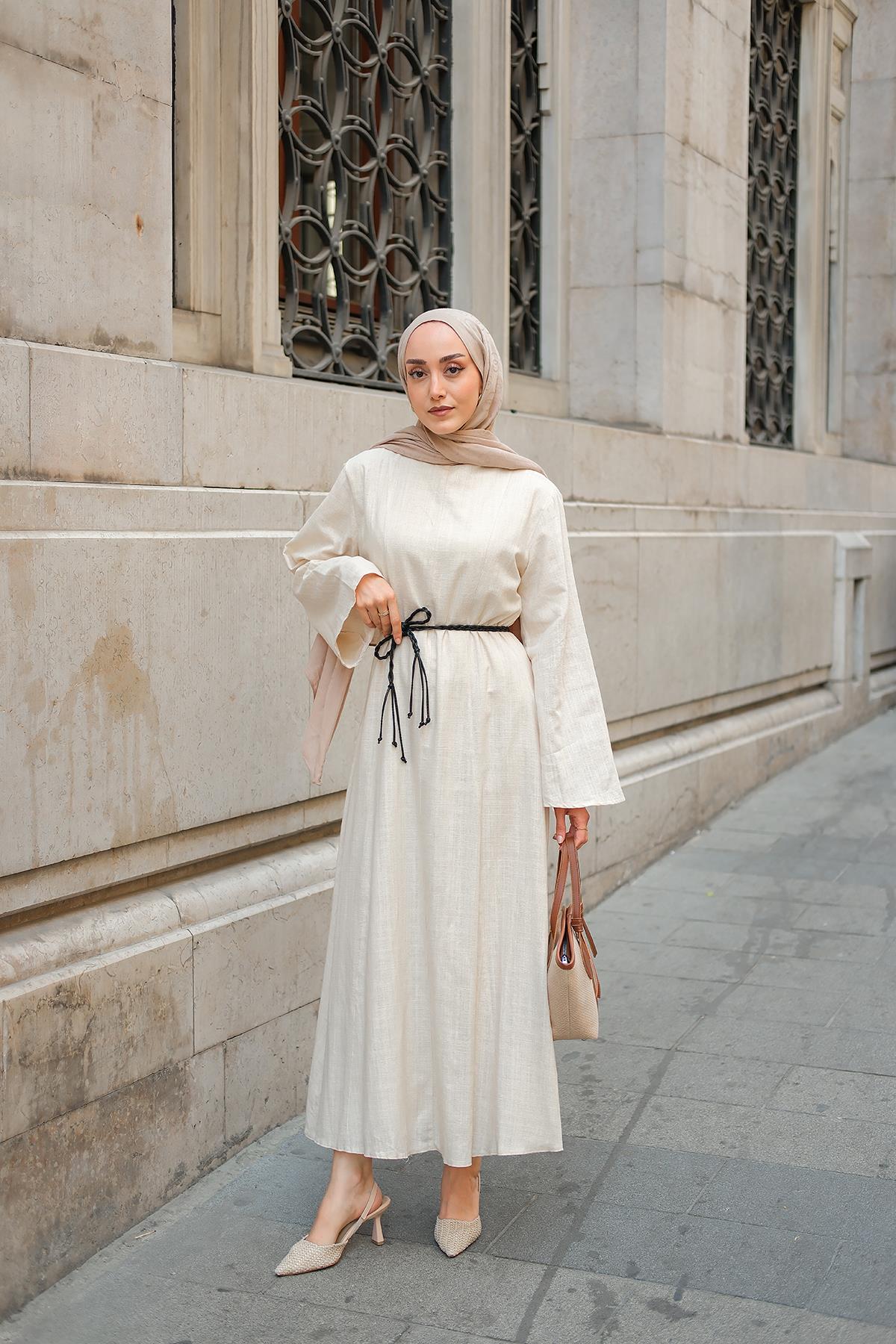 Örgü Bağlamalı Keten Elbise Krem