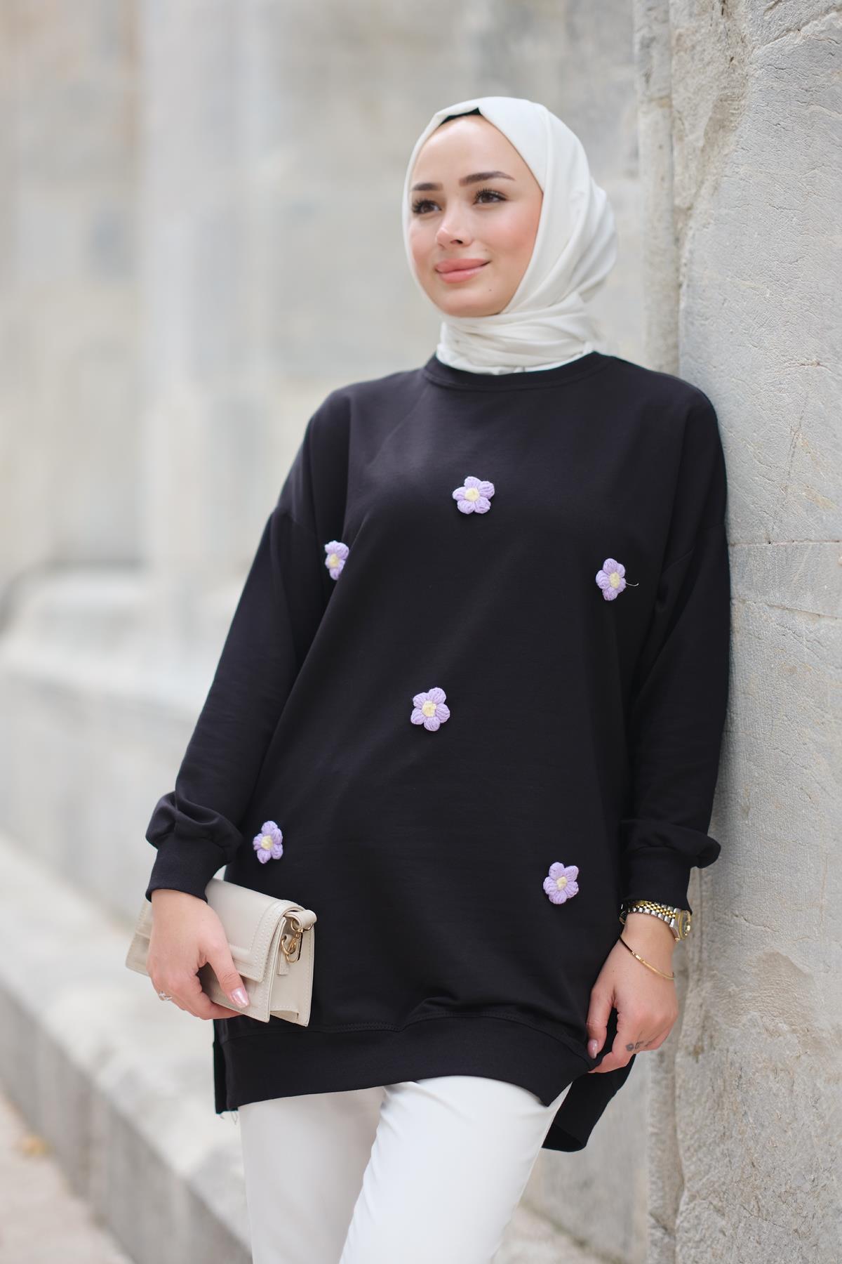 Papatya Nakışlı Tunik Siyah