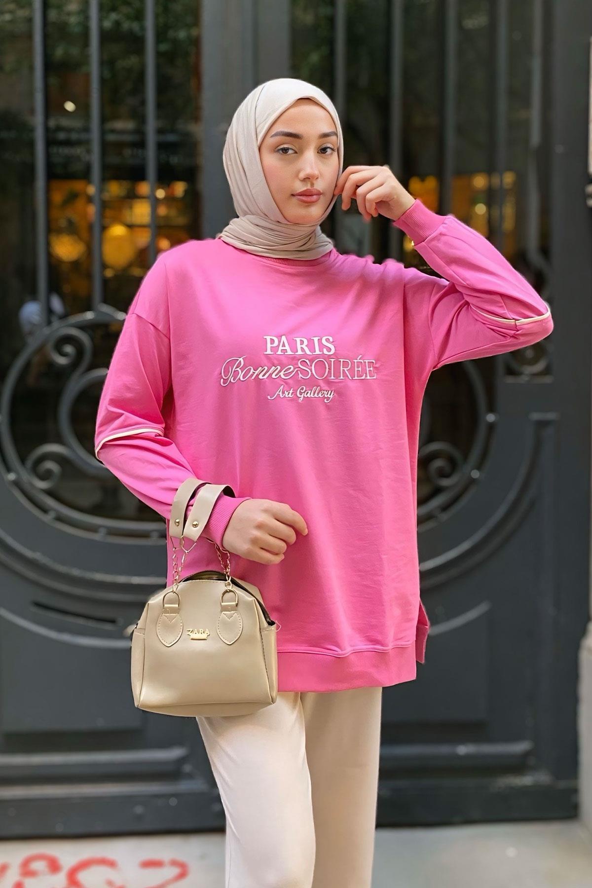 Paris Nakışlı Tunik Pembe