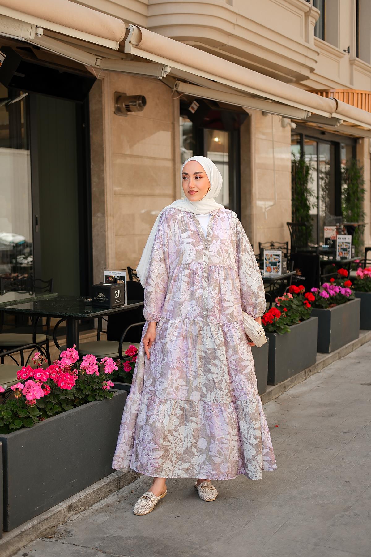 Pastel Çicekli Elbise Lila