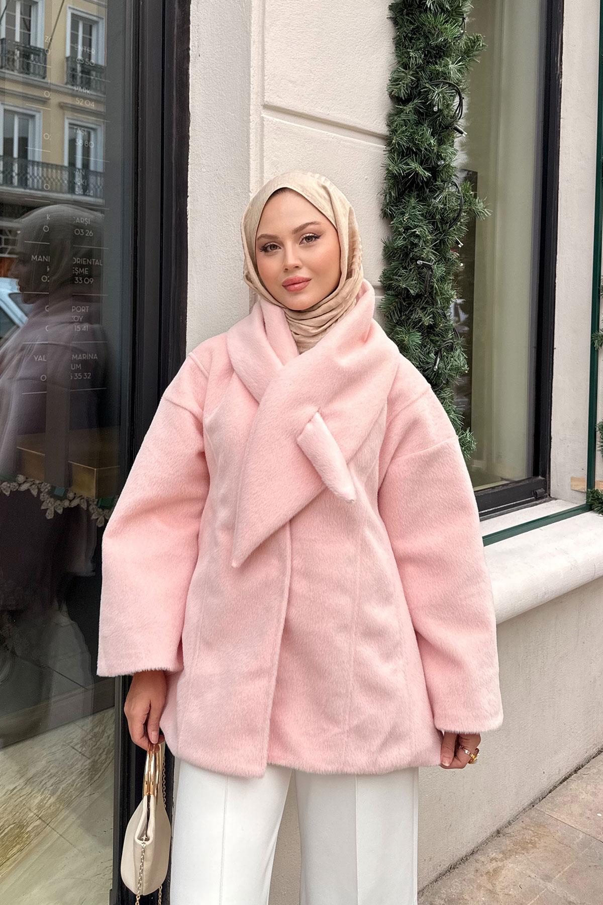 Peluş Detay Şallı Ceket Pembe