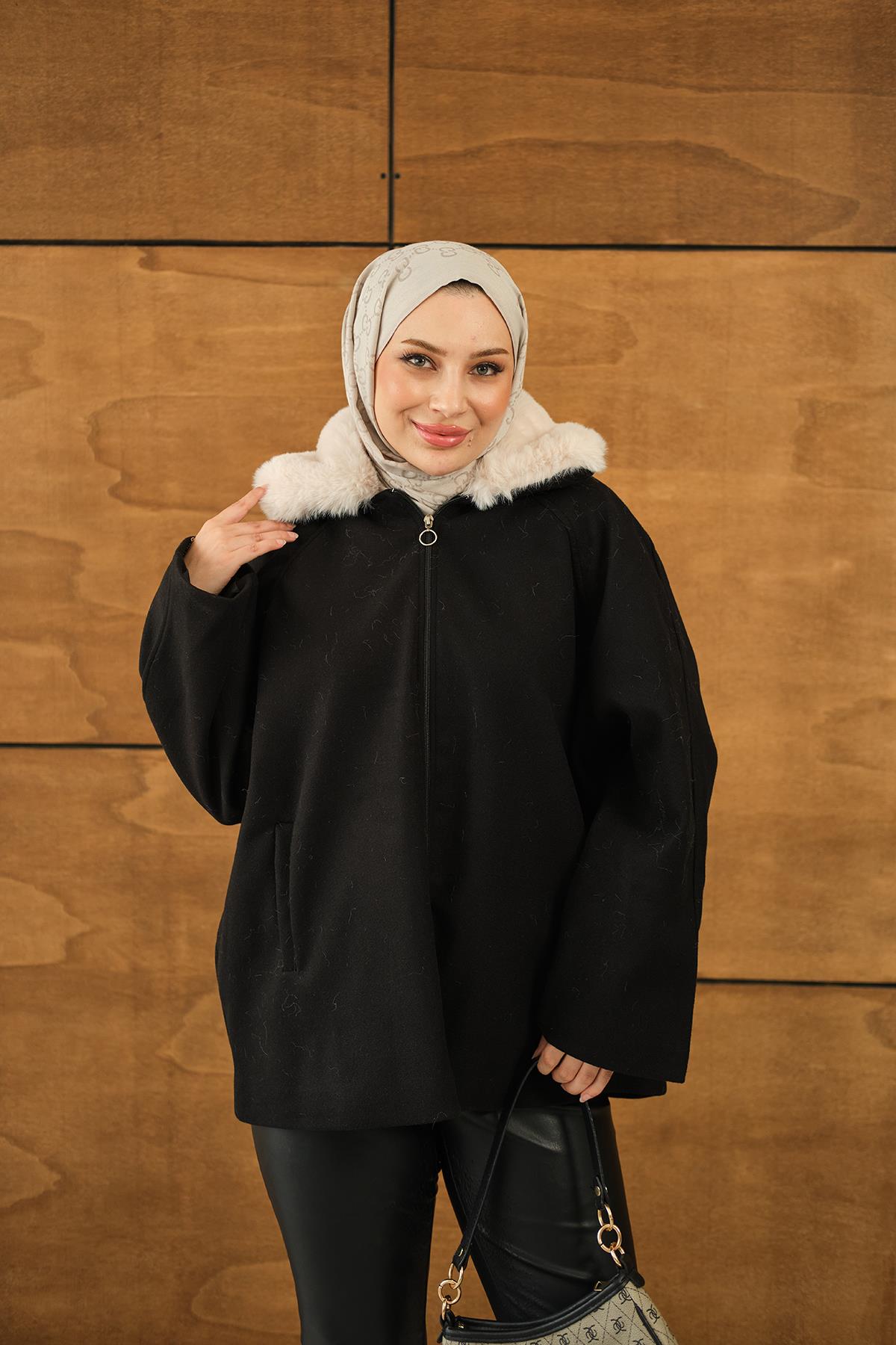 Peluş Yaka Ceket Siyah