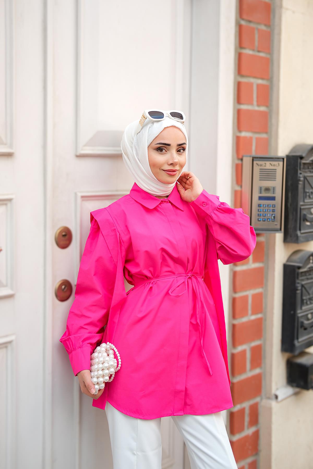 Pile Detay Önü Gizli Düğmeli Gömlek Fuşya