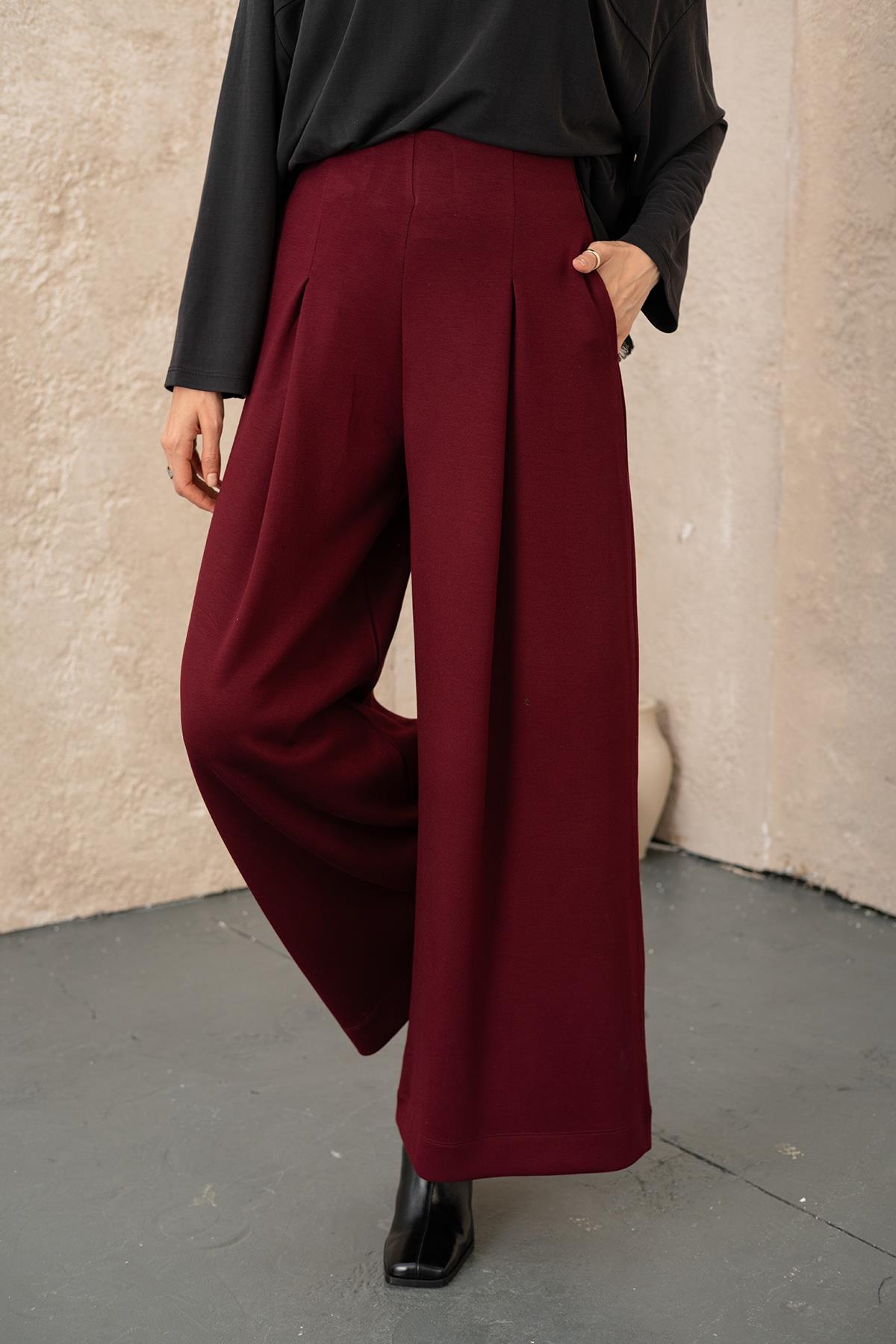 Pile Detay Pantolon Bordo