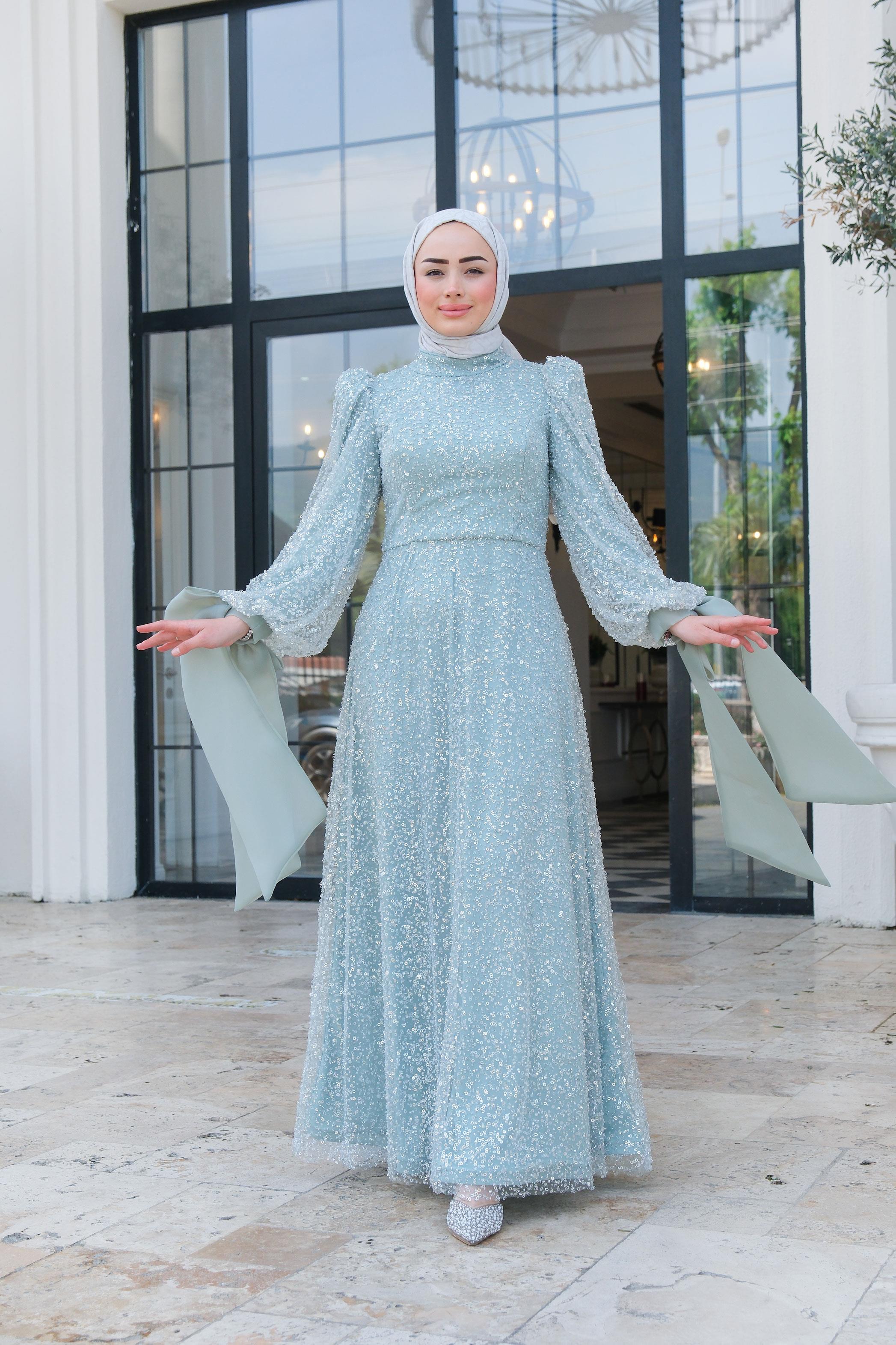 Pul Detay Abiye Su Yeşil